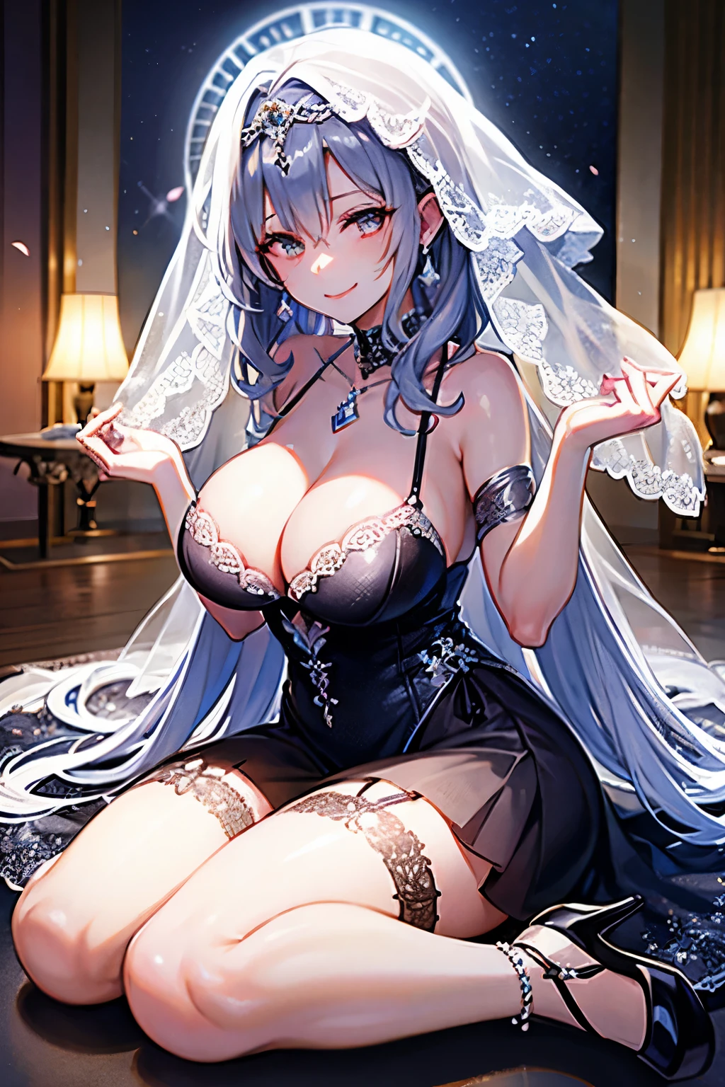 One female、Silver Hair Medium Hair、smile、Huge 、Light blue wedding mini dress、Floral lace Black arm covers、Veil tiara、ring earrings、White high heels、White fishnet stockings、wedding ceremony waiting room、Side pussy