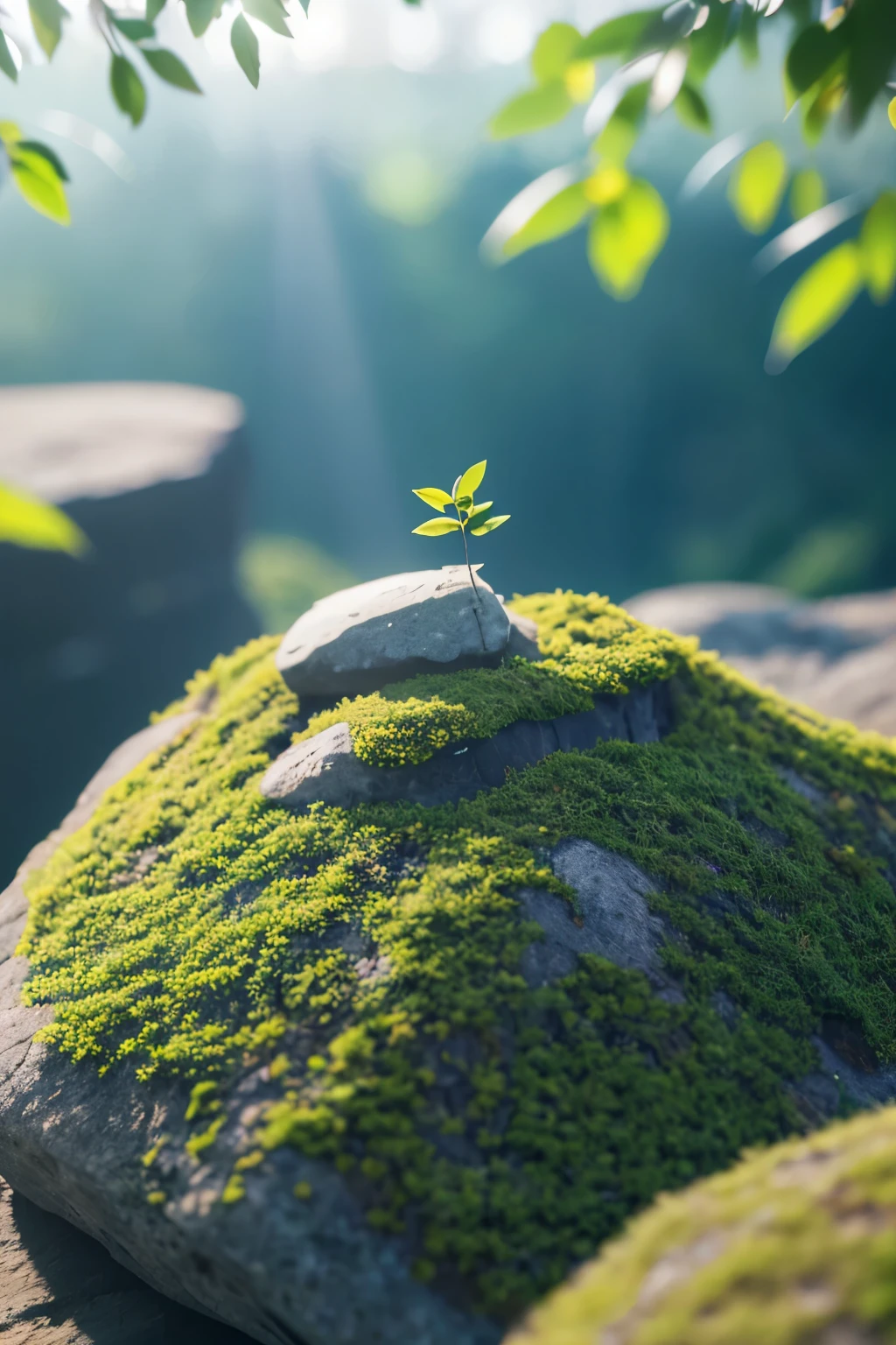 Aerial background product photography, natural style, blue sky, sunlight, soft and ethereal, details, miniature, leaves, high-definition, 8K, plants and trees on rocks, montage. 8K, large aperture, blurry distant view