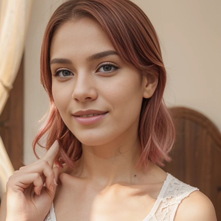 a beautiful man  Pink hair, brown eyes, makeup. Light smile
