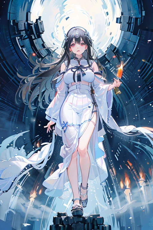 Beautiful anime art: a cold girl with silver hair in a white and blue flowing dress flies on huge translucent wings to a dark, strong man with black hair in scarlet and black flowing clothes, and behind him an army of thousands of monsters