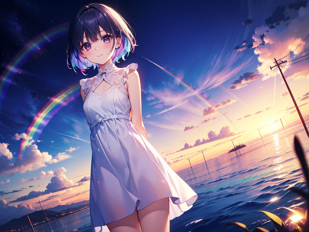 Red and white dress, Purple eyes, Eyes with beautiful details、 iris、Shining Eyes, (((Rainbow Hair)))、Black Hair、(((One Girl))),Multicolored Hair、Inner Color、28歳woman、Shortcuts、1 girl、Big smile、Beautiful sky、8k background、Mid-chest、whole body、woman、((((Place your arms behind your back)))),No sleeve、(((Black Knee High)))、Beautiful background