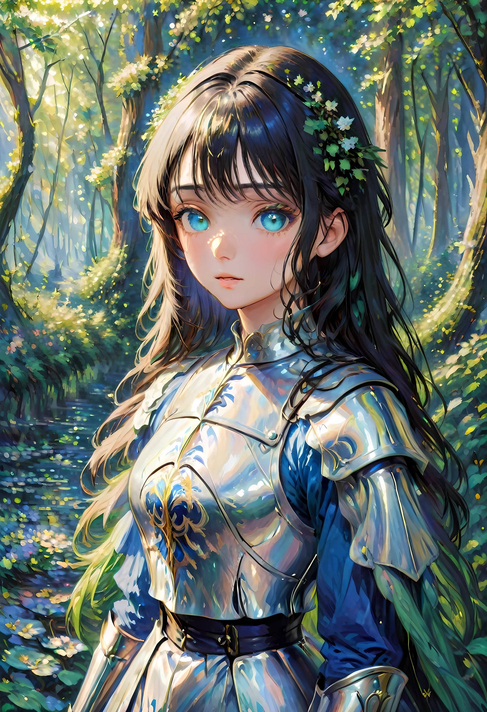 (Claude Monet Style:1.5) Claude_Monet style painting, a picture of woman paladin of nature protecting the forest, a woman knight, black hair, long hair, full body (best details, Masterpiece, best quality :1.5), ultra detailed face (best details, Masterpiece, best quality :1.5), ultra feminine (best details, Masterpiece, best quality :1.5), black hair, long hair, braided hair, pale skin, (deep blue: 1.2) eyes, intense eyes, wearying heavy armor, white armor (best details, Masterpiece, best quality :1.5), green cloak, armed with a sword, glowing sword GlowingRunes_green, fantasy forest background, D&D art, RPG art, magical atmosphere magic-fantasy-forest, ultra best realistic, best details, best quality, 16k, [ultra detailed], masterpiece, best quality, (extremely detailed), ultra wide shot, photorealism, depth of field, hyper realistic painting, ArmoredDress