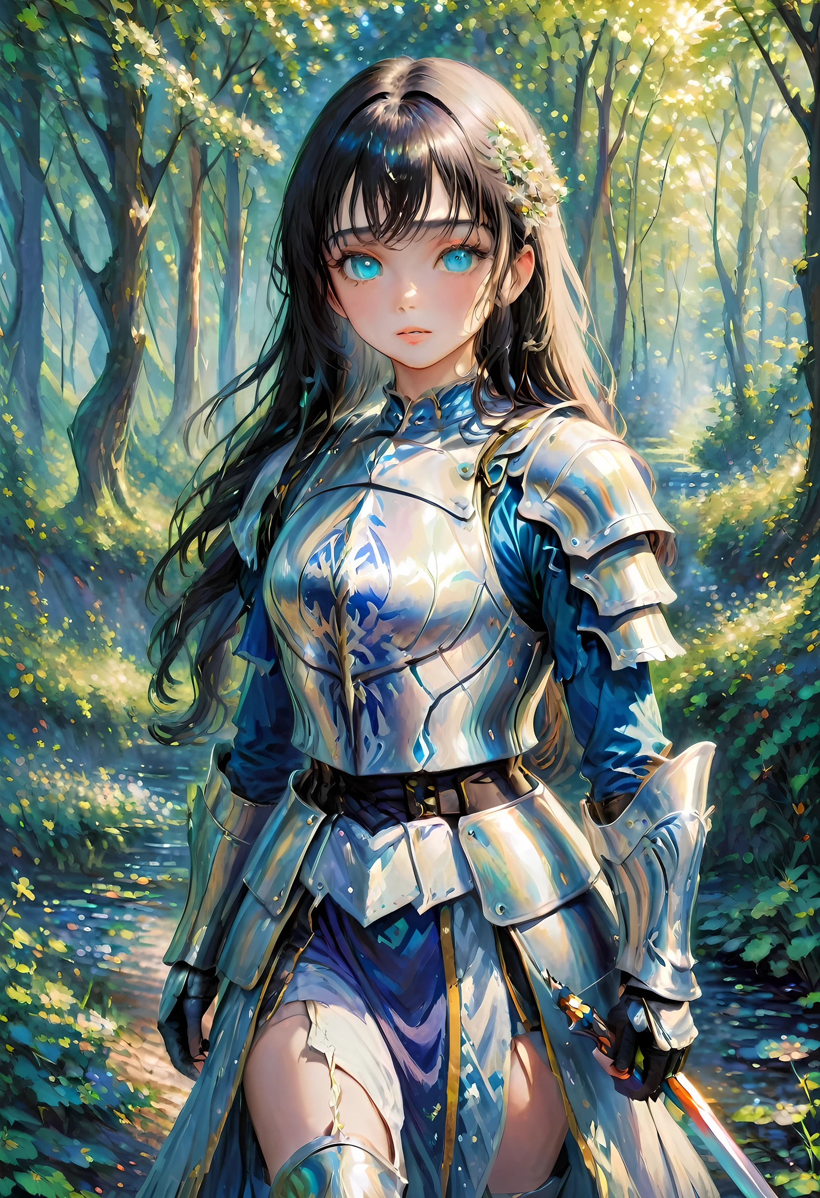 (Claude Monet Style:1.5) Claude_Monet style painting, a picture of woman paladin of nature protecting the forest, a woman knight, black hair, long hair, full body (best details, Masterpiece, best quality :1.5), ultra detailed face (best details, Masterpiece, best quality :1.5), ultra feminine (best details, Masterpiece, best quality :1.5), black hair, long hair, braided hair, pale skin, (deep blue: 1.2) eyes, intense eyes, wearying heavy armor, white armor (best details, Masterpiece, best quality :1.5), green cloak, armed with a sword, glowing sword GlowingRunes_green, fantasy forest background, D&D art, RPG art, magical atmosphere magic-fantasy-forest, ultra best realistic, best details, best quality, 16k, [ultra detailed], masterpiece, best quality, (extremely detailed), ultra wide shot, photorealism, depth of field, hyper realistic painting, ArmoredDress