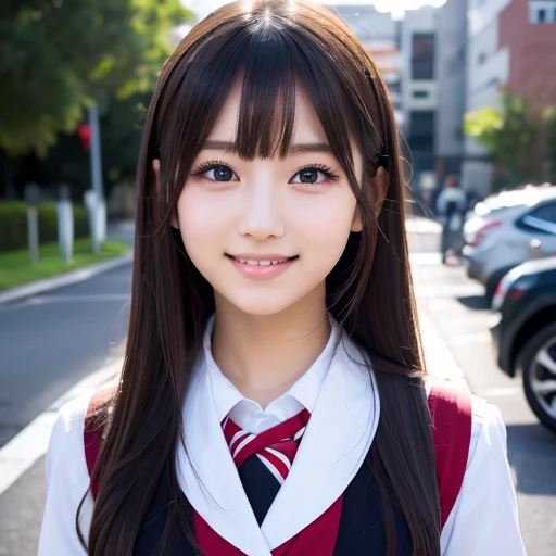 Cute 15 year old Japanese、On the road、Highly detailed face、Pay attention to the details、double eyelid、Beautiful thin nose、Sharp focus:1.2、Beautiful woman:1.4、Align your bangs、Pure white skin、highest quality、masterpiece、Ultra-high resolution、(Realistic:1.4)、Highly detailed and professional lighting、nice smile、Japanese school girl uniform、