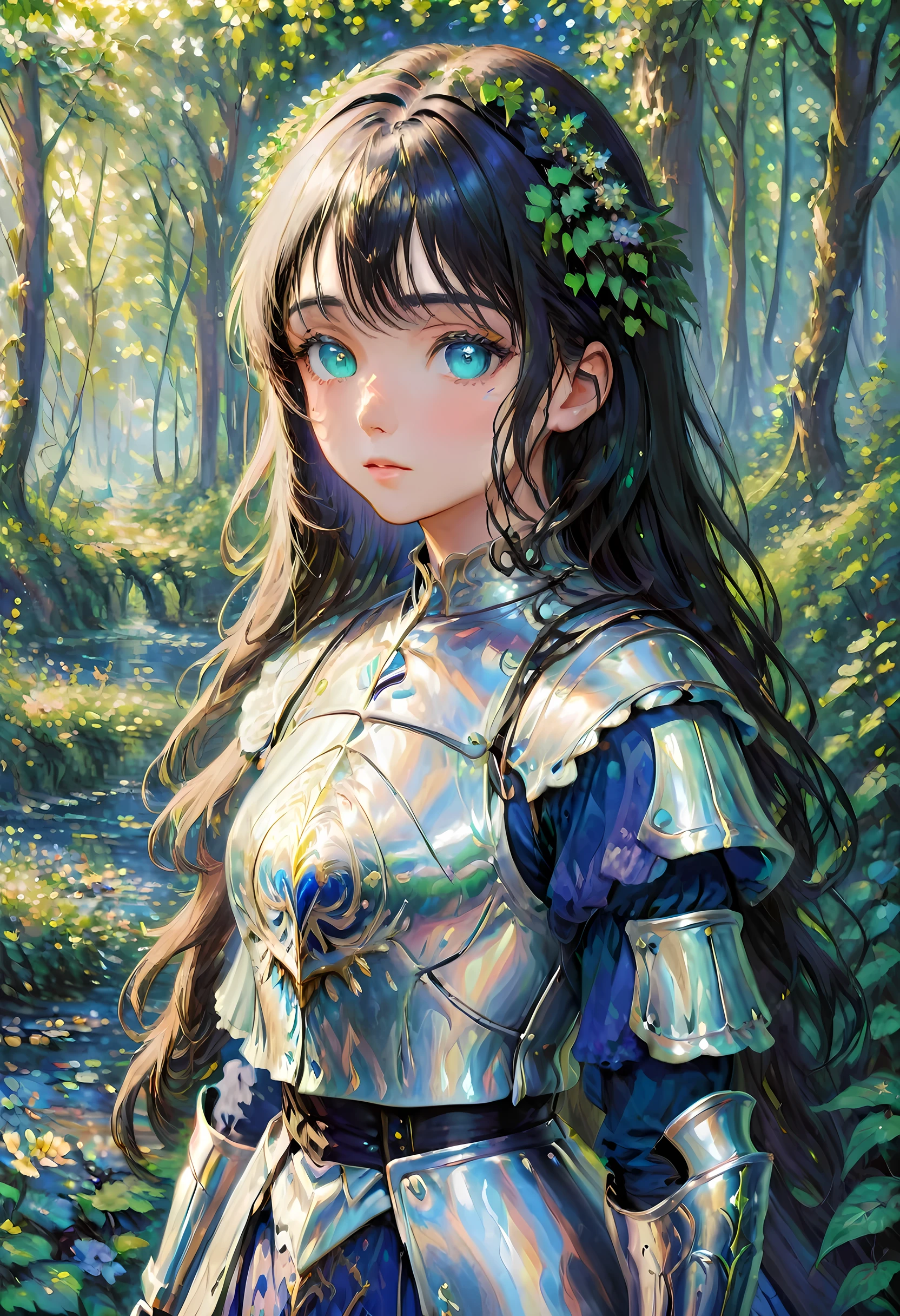 (Claude Monet Style:1.5) Claude_Monet style painting, a picture of woman paladin of nature protecting the forest, a woman knight, black hair, long hair, full body (best details, Masterpiece, best quality :1.5), ultra detailed face (best details, Masterpiece, best quality :1.5), ultra feminine (best details, Masterpiece, best quality :1.5), black hair, long hair, braided hair, pale skin, (deep blue: 1.2) eyes, intense eyes, wearying heavy armor, white armor (best details, Masterpiece, best quality :1.5), green cloak, armed with a sword, glowing sword GlowingRunes_green, fantasy forest background, D&D art, RPG art, magical atmosphere magic-fantasy-forest, ultra best realistic, best details, best quality, 16k, [ultra detailed], masterpiece, best quality, (extremely detailed), ultra wide shot, photorealism, depth of field, hyper realistic painting, ArmoredDress