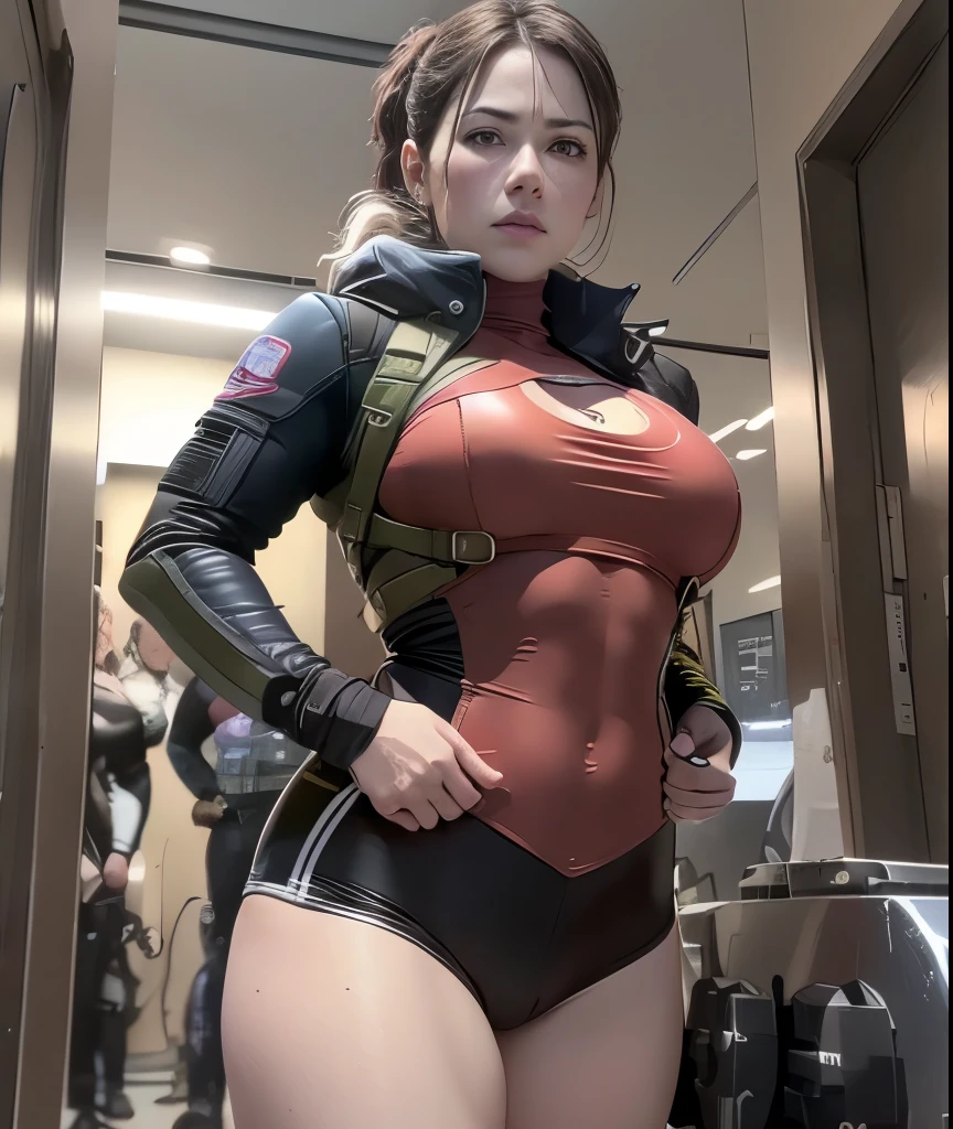 Resident Evil, apocalyptic city, Beautiful Claire Redfield (Claire Redfield) 身旁yes一位美麗的女人全身粉紅色皮膚中紅色頭髮, Red leather bodysuit jacket, Holster holding gun, Realistic and detailed face and body clear image high detail CGI 8K, hologram, ( Medium breasts:1.3), (realism:1.5), (realism:1.4), (absurd:1.4), 8K, Extremely detailed, Beautiful girl detail, (1:1.Only 4), 1 girl, (For the audience:1.2 ), (Sunny Day:1.5), Intricate body details, (short:1.3), (best quality: 1.0), (Ultra-high resolution): 1.0), The face and eyes are rich in detail, (Reality: 1.2), Solitary, yes, retreat