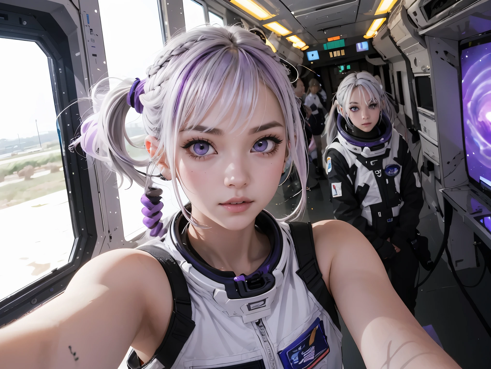  a boy and a girl, with grey hair with purple tip, purple eyes, long ponytail, on the space shuttle, in the hallway, , multicolored hair, white hair, depth of field, perspective, perspective, UHD, masterpiece, ccurate, anatomically correct, high quality, best quality, super detail, ((a couple shot)), POV selfie