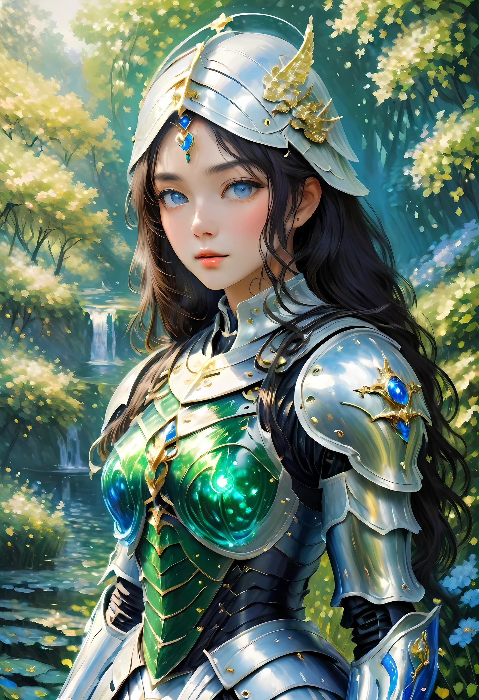 (Claude Monet Style:1.5) Claude_Monet style painting, a picture of woman paladin of nature protecting the forest, a woman knight, black hair, long hair, full body (best details, Masterpiece, best quality :1.5), ultra detailed face (best details, Masterpiece, best quality :1.5), ultra feminine (best details, Masterpiece, best quality :1.5), black hair, long hair, braided hair, pale skin, (deep blue: 1.2) eyes, intense eyes, wearying heavy armor, white armor (best details, Masterpiece, best quality :1.5), green cloak, armed with a sword, glowing sword GlowingRunes_green, fantasy forest background, D&D art, RPG art, magical atmosphere magic-fantasy-forest, ultra best realistic, best details, best quality, 16k, [ultra detailed], masterpiece, best quality, (extremely detailed), ultra wide shot, photorealism, depth of field, hyper realistic painting, cybrk