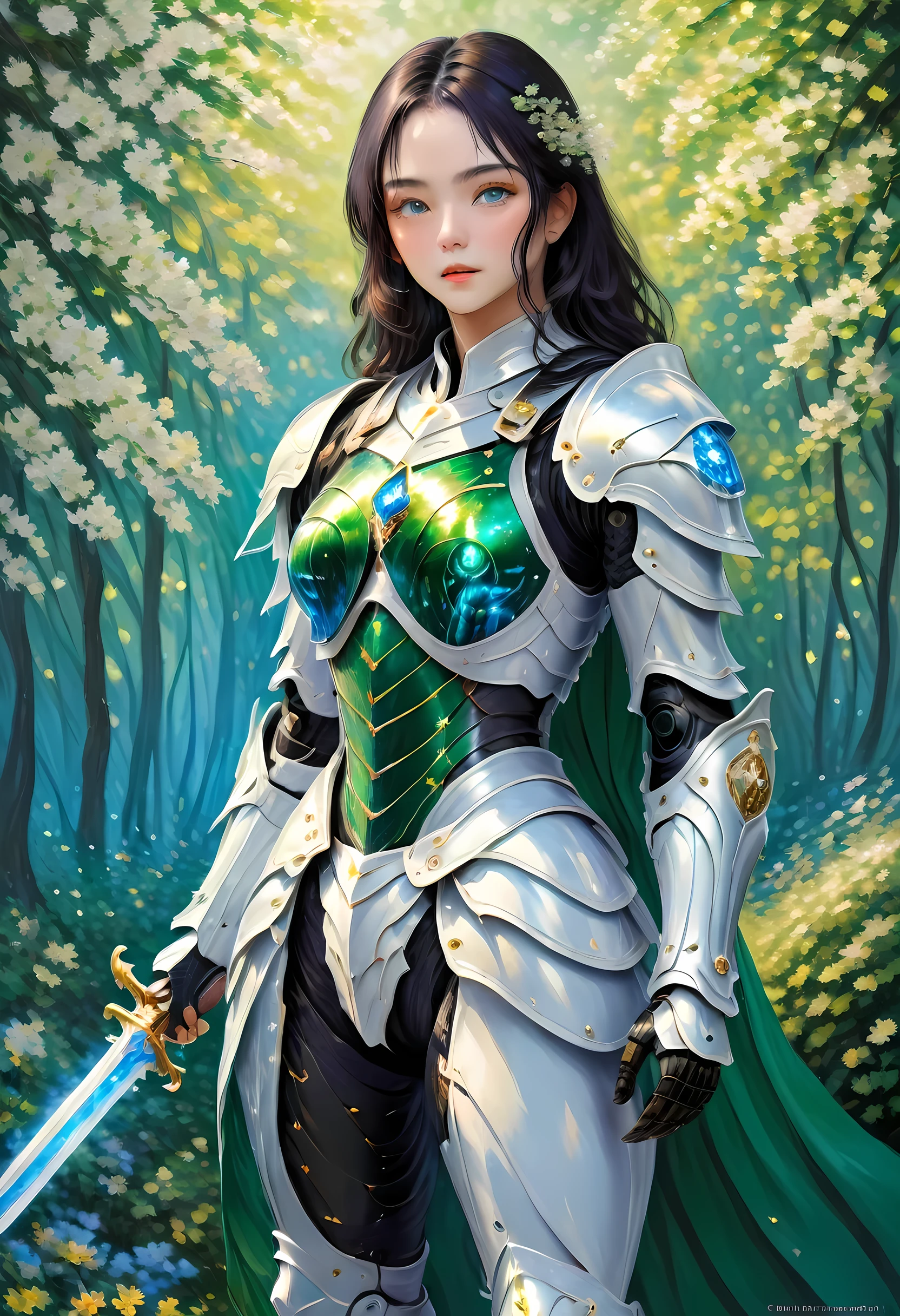 (Claude Monet Style:1.5) Claude_Monet style painting, a picture of woman paladin of nature protecting the forest, a woman knight, black hair, long hair, full body (best details, Masterpiece, best quality :1.5), ultra detailed face (best details, Masterpiece, best quality :1.5), ultra feminine (best details, Masterpiece, best quality :1.5), black hair, long hair, braided hair, pale skin, (deep blue: 1.2) eyes, intense eyes, wearying heavy armor, white armor (best details, Masterpiece, best quality :1.5), green cloak, armed with a sword, glowing sword GlowingRunes_green, fantasy forest background, D&D art, RPG art, magical atmosphere magic-fantasy-forest, ultra best realistic, best details, best quality, 16k, [ultra detailed], masterpiece, best quality, (extremely detailed), ultra wide shot, photorealism, depth of field, hyper realistic painting, cybrk