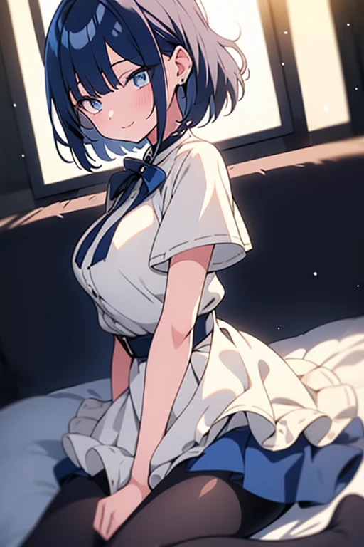 highest quality, 8K,(one girl:1.3),(sharp bob),Navy Hair,light Blue Eyes,seductive smile,Black Pantyhose, Blue short skirt,White blouse,Almond-shaped eyes,close mouth,Fancy Room,make out,fidgety,from side,(tall stature:1.1),shy,