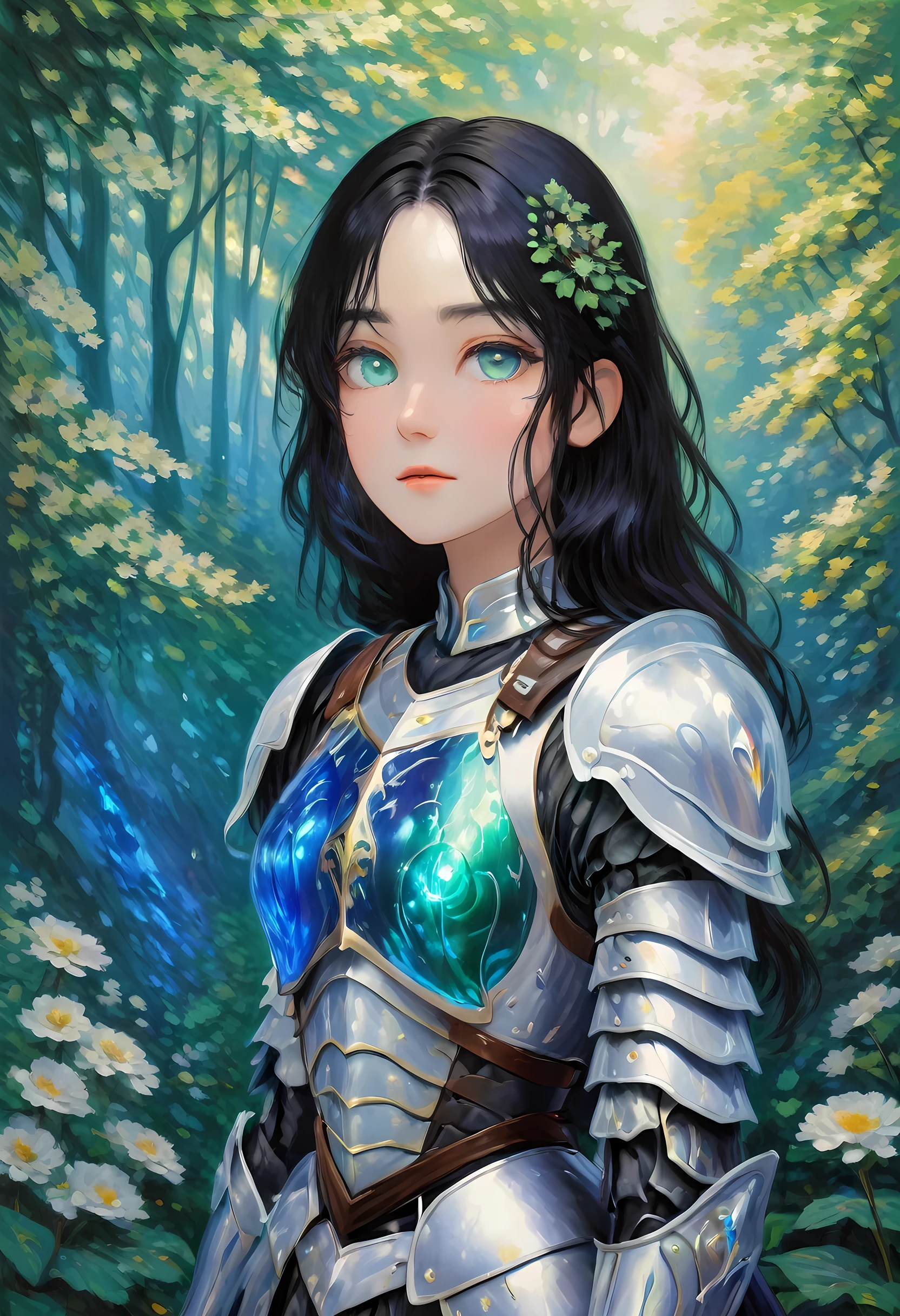 (Claude Monet Style:1.5) Claude_Monet style painting, a picture of woman paladin of nature protecting the forest, a woman knight, black hair, long hair, full body (best details, Masterpiece, best quality :1.5), ultra detailed face (best details, Masterpiece, best quality :1.5), ultra feminine (best details, Masterpiece, best quality :1.5), black hair, long hair, braided hair, pale skin, (deep blue: 1.2) eyes, intense eyes, wearying heavy armor, white armor (best details, Masterpiece, best quality :1.5), green cloak, armed with a sword, glowing sword GlowingRunes_green, fantasy forest background, D&D art, RPG art, magical atmosphere magic-fantasy-forest, ultra best realistic, best details, best quality, 16k, [ultra detailed], masterpiece, best quality, (extremely detailed), ultra wide shot, photorealism, depth of field, hyper realistic painting, cybrk