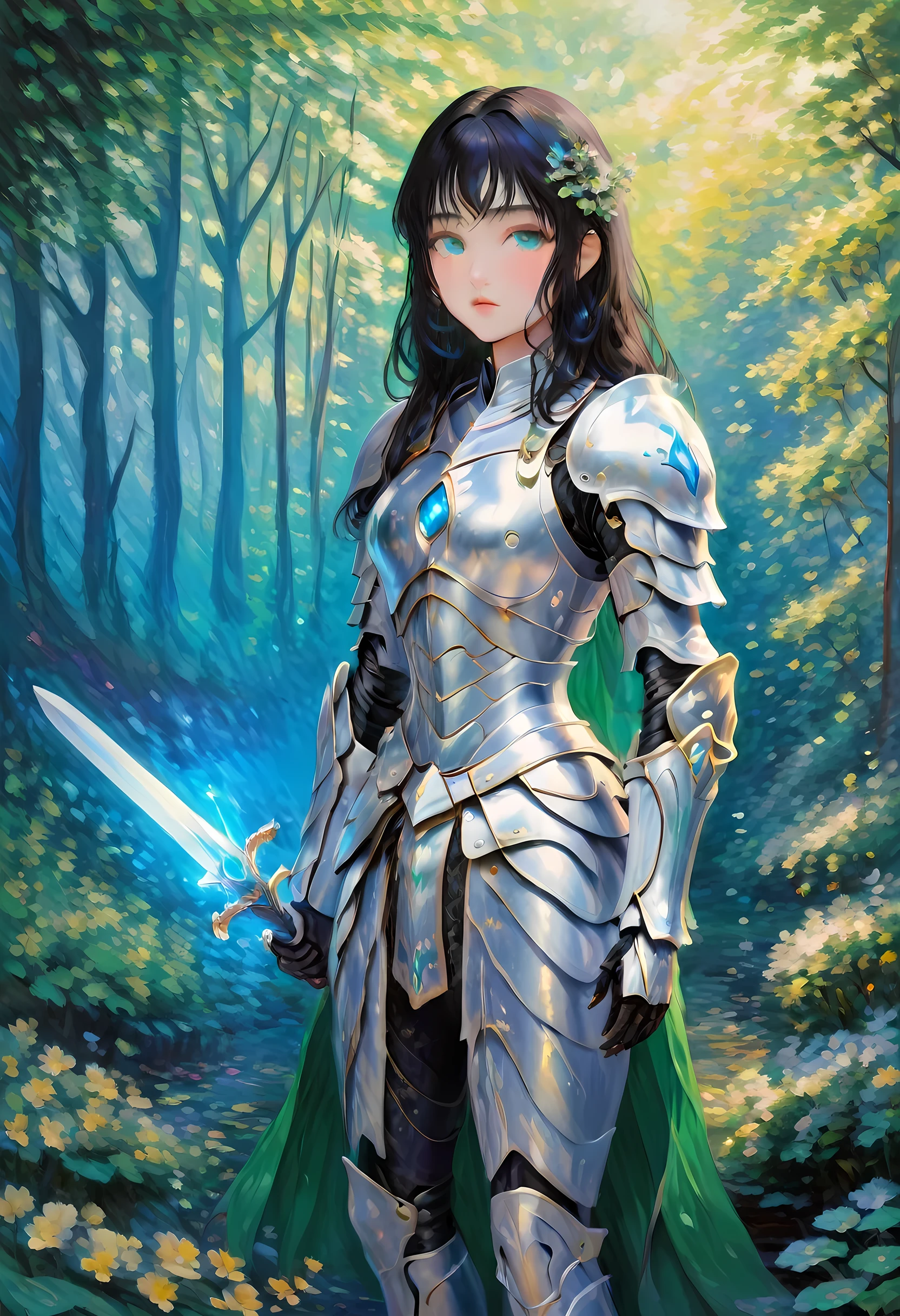 (Claude Monet Style:1.5) Claude_Monet style painting, a picture of woman paladin of nature protecting the forest, a woman knight, black hair, long hair, full body (best details, Masterpiece, best quality :1.5), ultra detailed face (best details, Masterpiece, best quality :1.5), ultra feminine (best details, Masterpiece, best quality :1.5), black hair, long hair, braided hair, pale skin, (deep blue: 1.2) eyes, intense eyes, wearying heavy armor, white armor (best details, Masterpiece, best quality :1.5), green cloak, armed with a sword, glowing sword GlowingRunes_green, fantasy forest background, D&D art, RPG art, magical atmosphere magic-fantasy-forest, ultra best realistic, best details, best quality, 16k, [ultra detailed], masterpiece, best quality, (extremely detailed), ultra wide shot, photorealism, depth of field, hyper realistic painting, cybrk