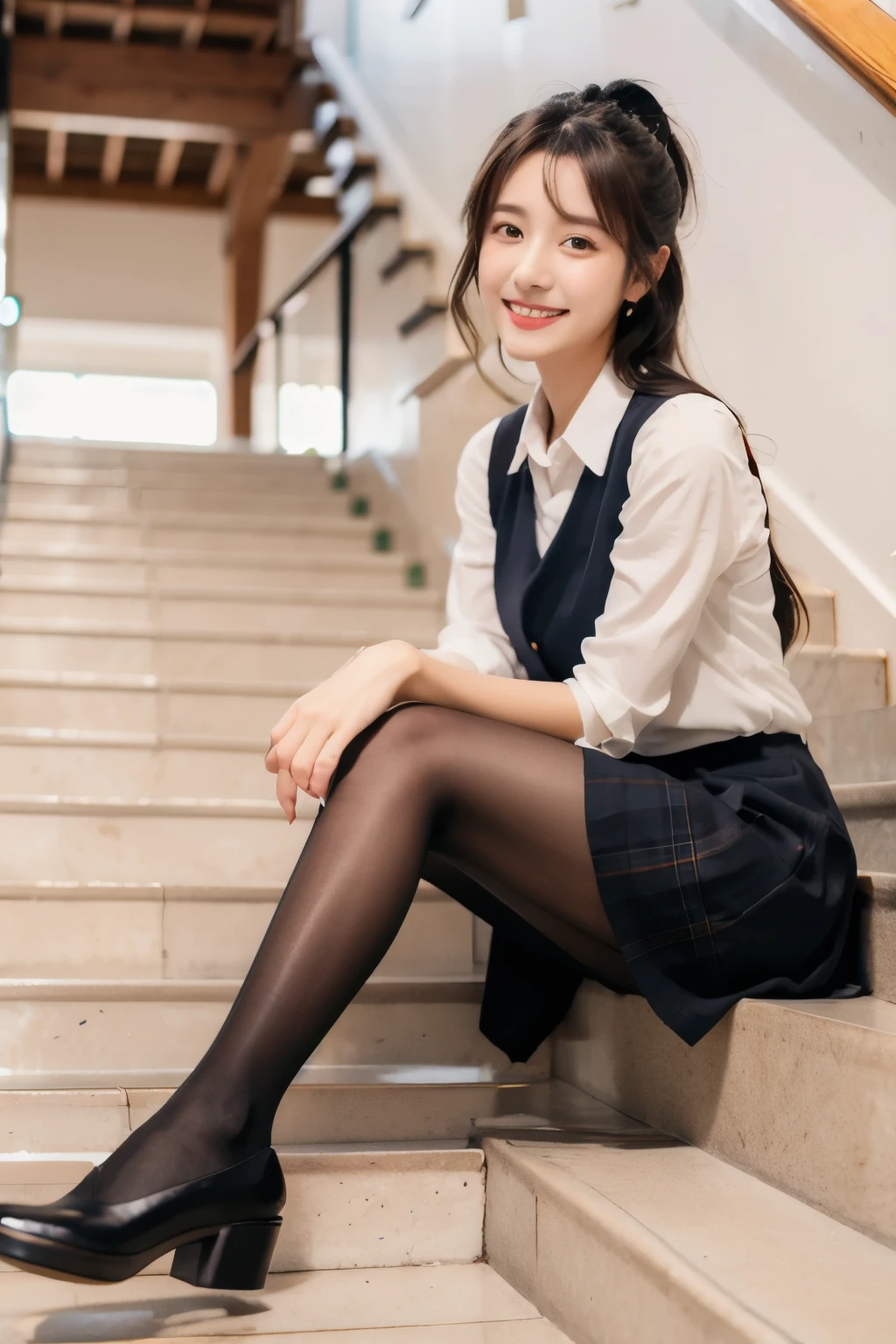 Ulzzang-6500-v1.1, (RAW Photos:1.2), (Realistic), (Genuine:1.4), 1girl、Perfect Anatomy、Sit on the stairs、Full body photo、Looking into the camera、black tights、pumps、Knee-length skirt、Black Hair、smile、Plaid vest、、