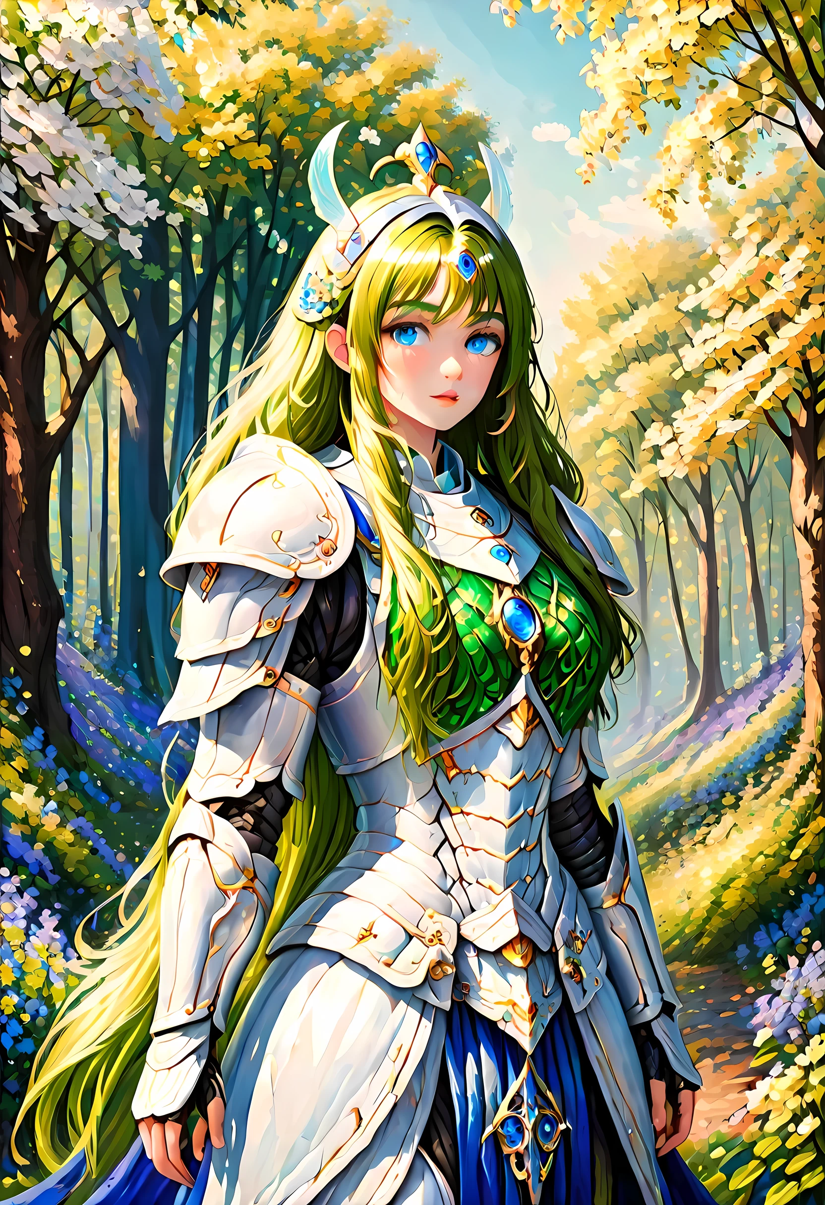 (Claude Monet Style:1.5) Claude_Monet style painting, a picture of woman paladin of nature protecting the forest, a woman knight, black hair, long hair, full body (best details, Masterpiece, best quality :1.5), ultra detailed face (best details, Masterpiece, best quality :1.5), ultra feminine (best details, Masterpiece, best quality :1.5), black hair, long hair, braided hair, pale skin, (deep blue: 1.2) eyes, intense eyes, wearying heavy armor, white armor (best details, Masterpiece, best quality :1.5), green cloak, armed with a sword, glowing sword GlowingRunes_green, fantasy forest background, D&D art, RPG art, magical atmosphere magic-fantasy-forest, ultra best realistic, best details, best quality, 16k, [ultra detailed], masterpiece, best quality, (extremely detailed), ultra wide shot, photorealism, depth of field, hyper realistic painting, cybrk