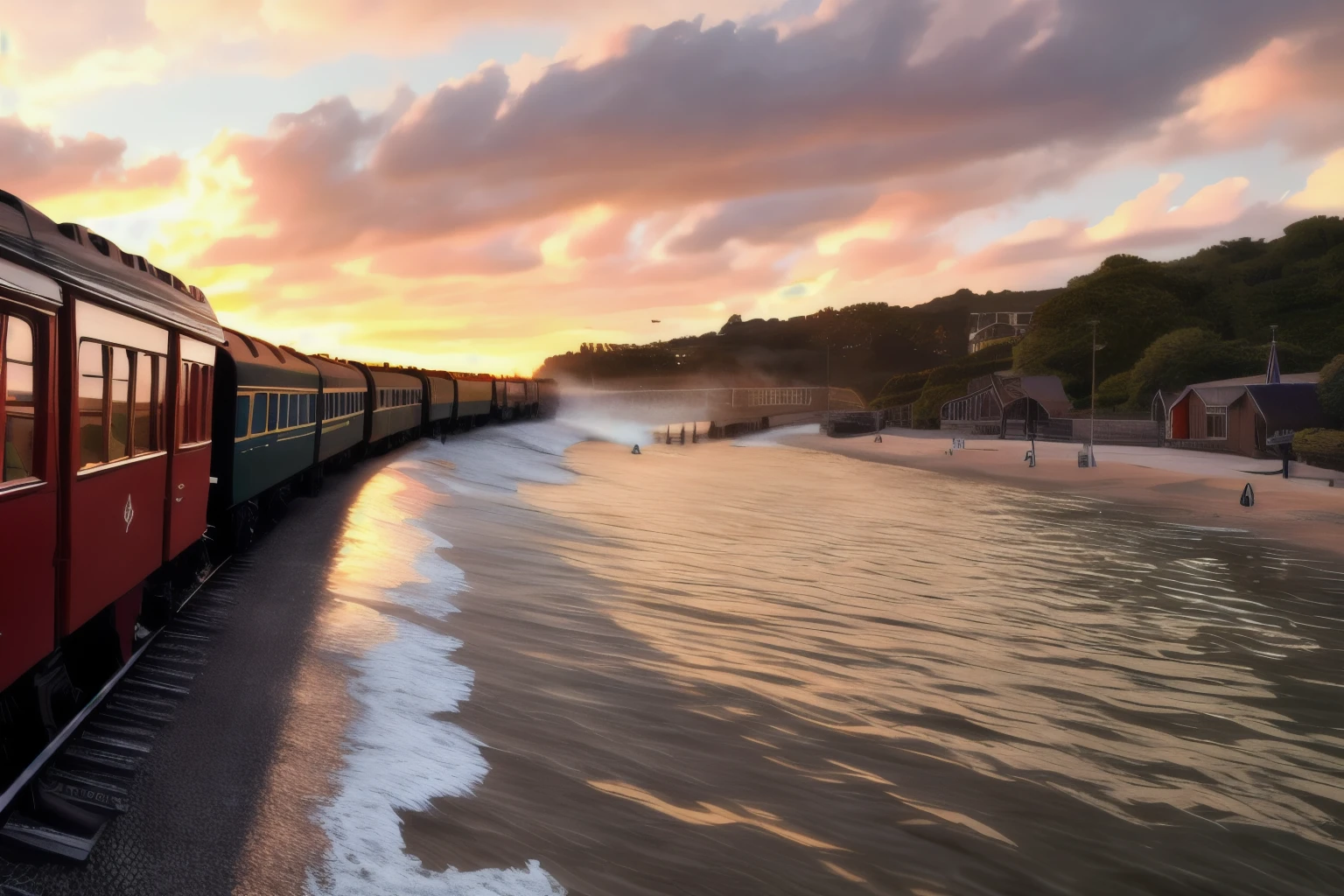 Ultra high quality, 4k, Volumetric Lighting, epic work, Photorealism, Intricate and detailed steam train,  Sea trains，Waves hitting the rails，The colors of the sunset are reflected on the sea， The camera looks across the water towards the village, 