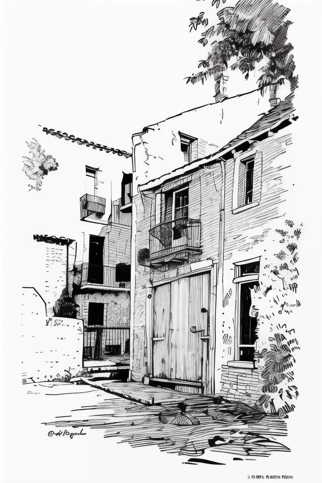 (gigantic Breasts:1),(masterpiece, best quality), a street, Trees, Parks, Exquisite,pen drawing,gangbi,sketch,black and white,line,building,landscapesketch ,Ink Wash Painting Style, Overhead, Low Angle Shot