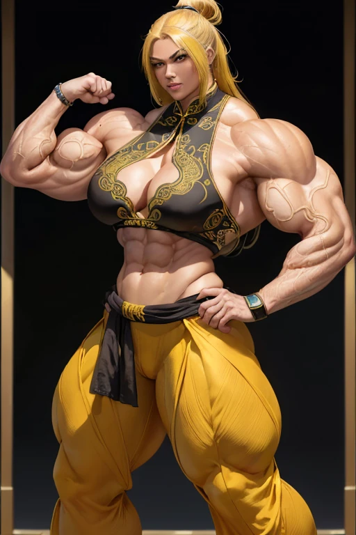 ((((Massive tall, beautiful, buff, brown skinned muscular woman with yellow hair, ginormous muscles, wearing a beautiful silk black Tai Chi–fu and pants adorned with intricate futuristic designs)))), (close view), massive muscles, massive biceps, hyper muscle shoulders, massive muscle arms, vascular shoulders, hyper muscle triceps, (long flowing hair), gray eyes, choker, kung fu shoes, (in a land surrounded by yellow lightning), confident smile, night, hyper muscles arms, hyper muscle legs, massive arms