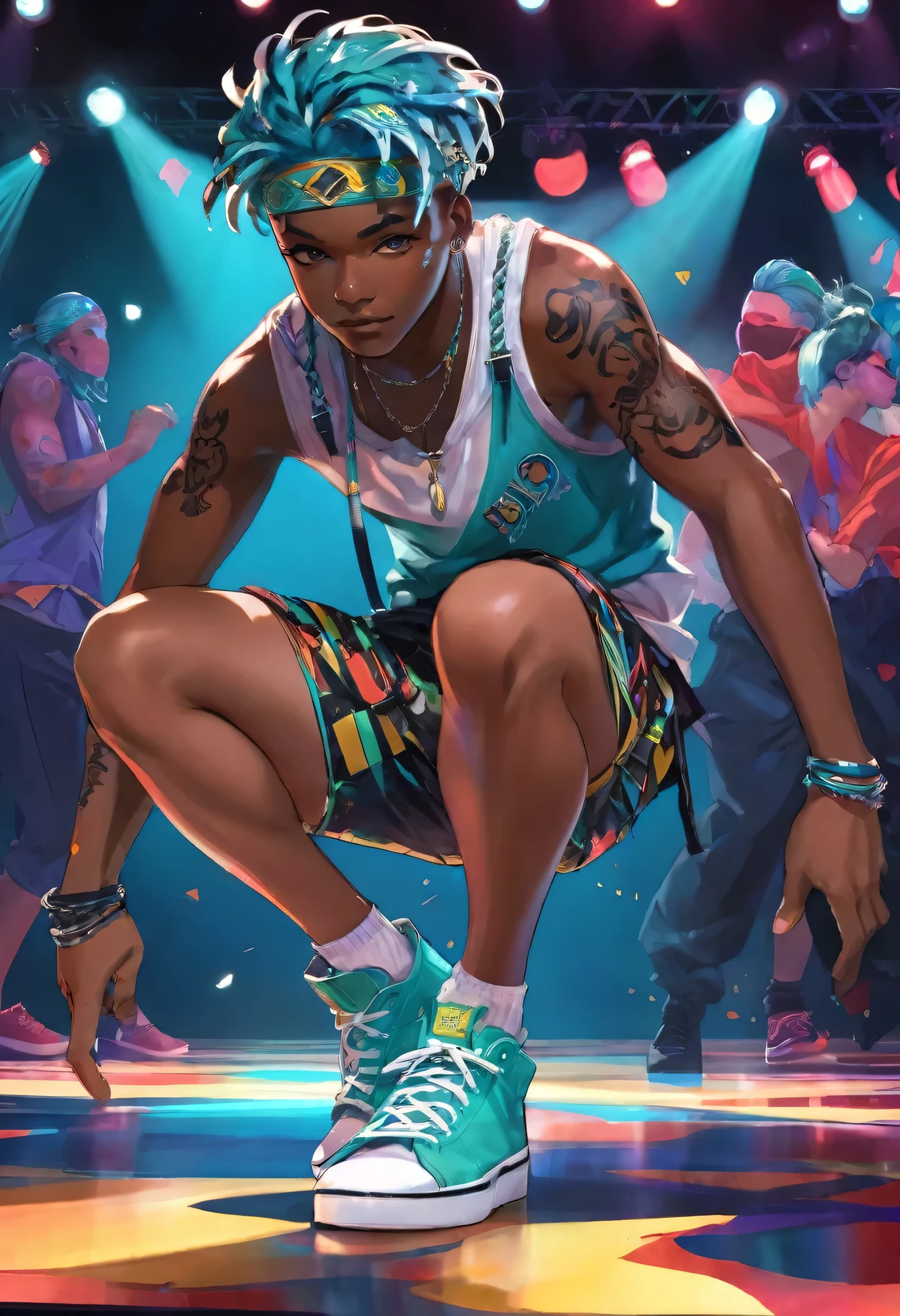 Style anime，Science Fiction，emulsion，tobey pants，Face mask，Dancing on stage，Leg Tattoo，Tattoo，aqua hair，Braided Headband，（1African boy，Dark skin：0.6），Detailed face，cool，personality，brave，slim body，（Very detailed hands，Hand Model：1.4）
Performers，Vibrant atmosphere，Vibrant stage lighting，expressive dance moves，Colorful sneakers，Dynamic lens angle，Body Burst and Lock，Intense break dance，Smooth dance routines，