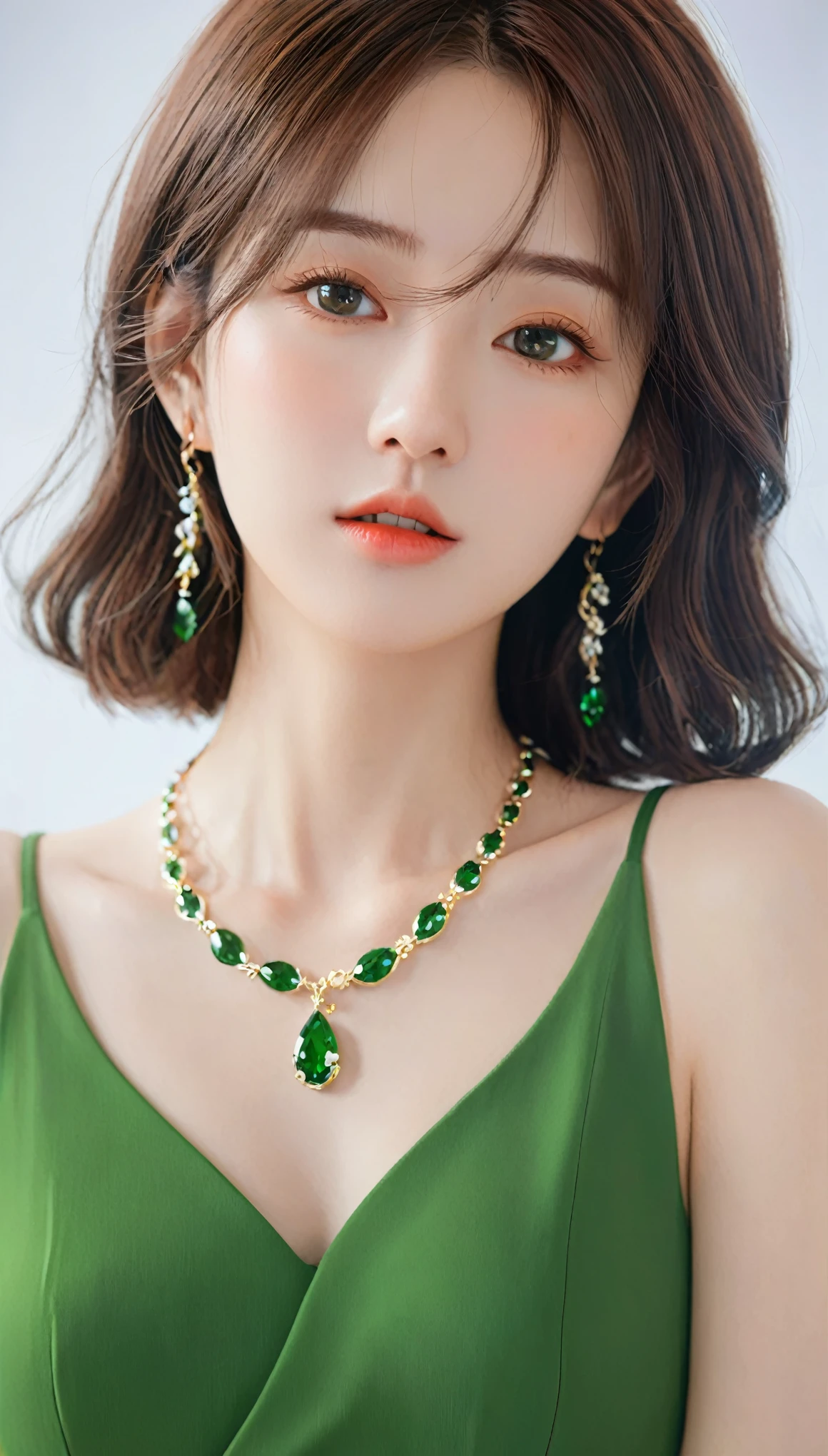 Wearing a green dress、Close-up of woman wearing necklace, Artwork in the style of Guweiz, Realistic anime 3D style, Beautiful anime portrait, Anime realism style, Detailed portrait of anime girl, Beautiful character painting, author:Yang Jie, Stunning anime face portraits, Realistic anime art style, Portrait of anime girl, Beautiful anime style