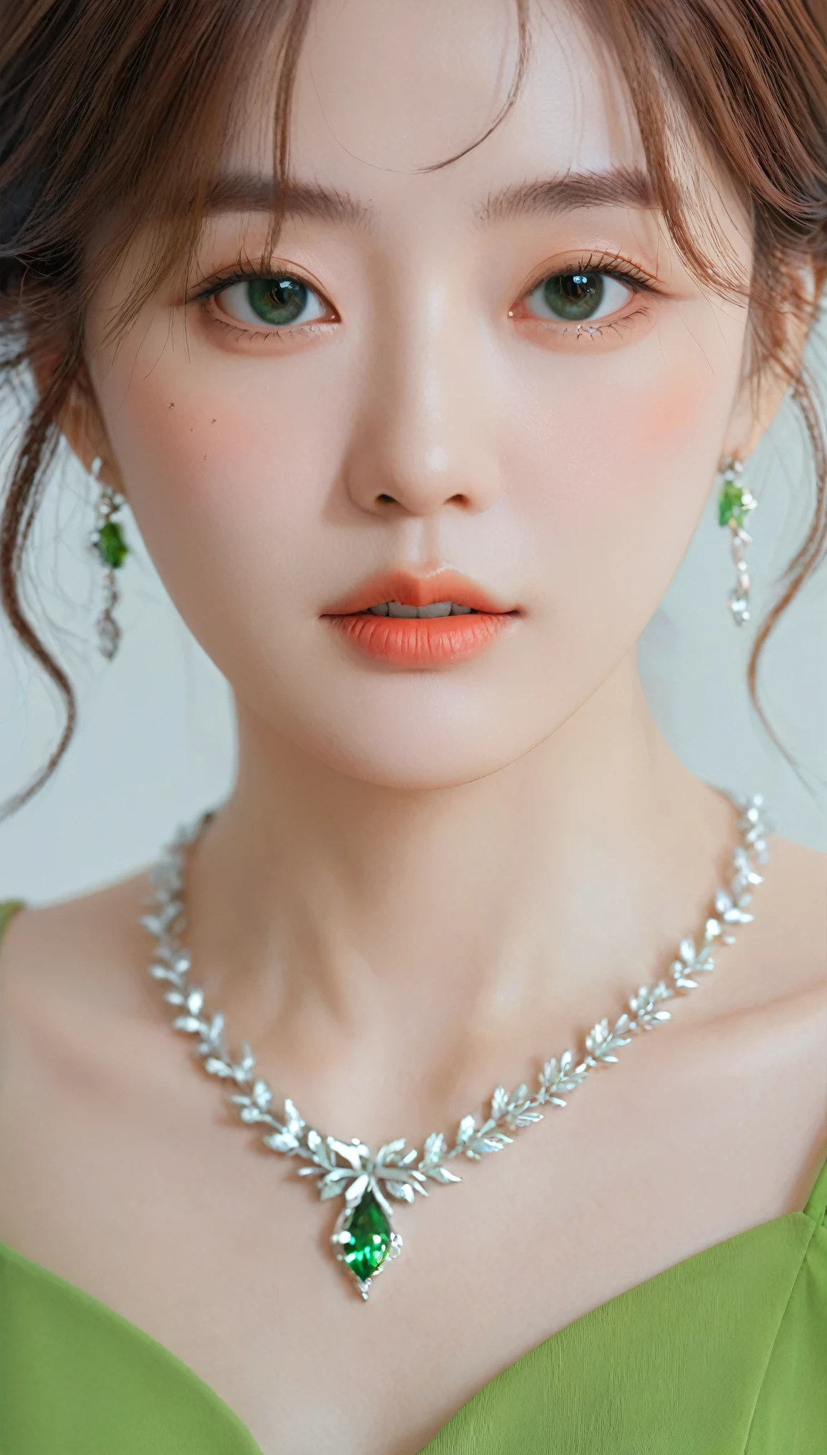 Wearing a green dress、Close-up of woman wearing necklace, Artwork in the style of Guweiz, Realistic anime 3D style, Beautiful anime portrait, Anime realism style, Detailed portrait of anime girl, Beautiful character painting, author:Yang Jie, Stunning anime face portraits, Realistic anime art style, Portrait of anime girl, Beautiful anime style