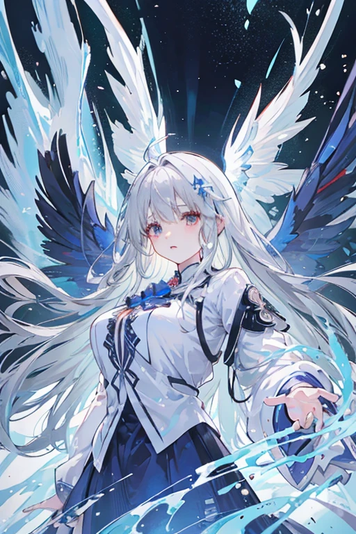 Beautiful anime art: a cold girl with silver hair in a white and blue flowing dress flies on huge translucent wings to a dark, strong man with black hair in scarlet and black flowing clothes, and behind him an army of thousands of monsters