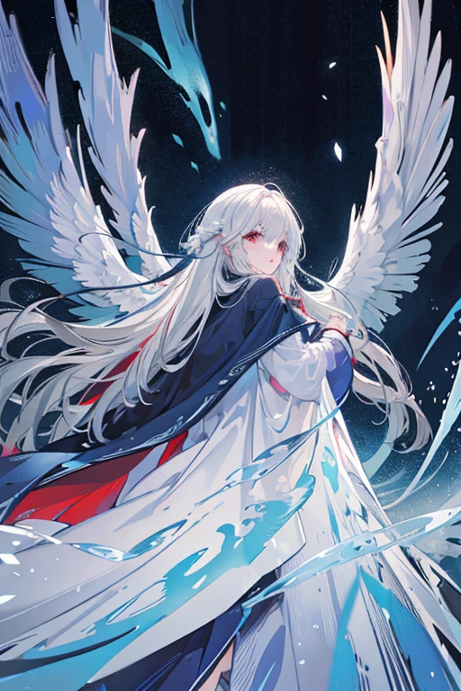Beautiful anime art: a cold girl with silver hair in a white and blue flowing dress flies on huge translucent wings to a dark, strong man with black hair in scarlet and black flowing clothes, and behind him an army of thousands of monsters