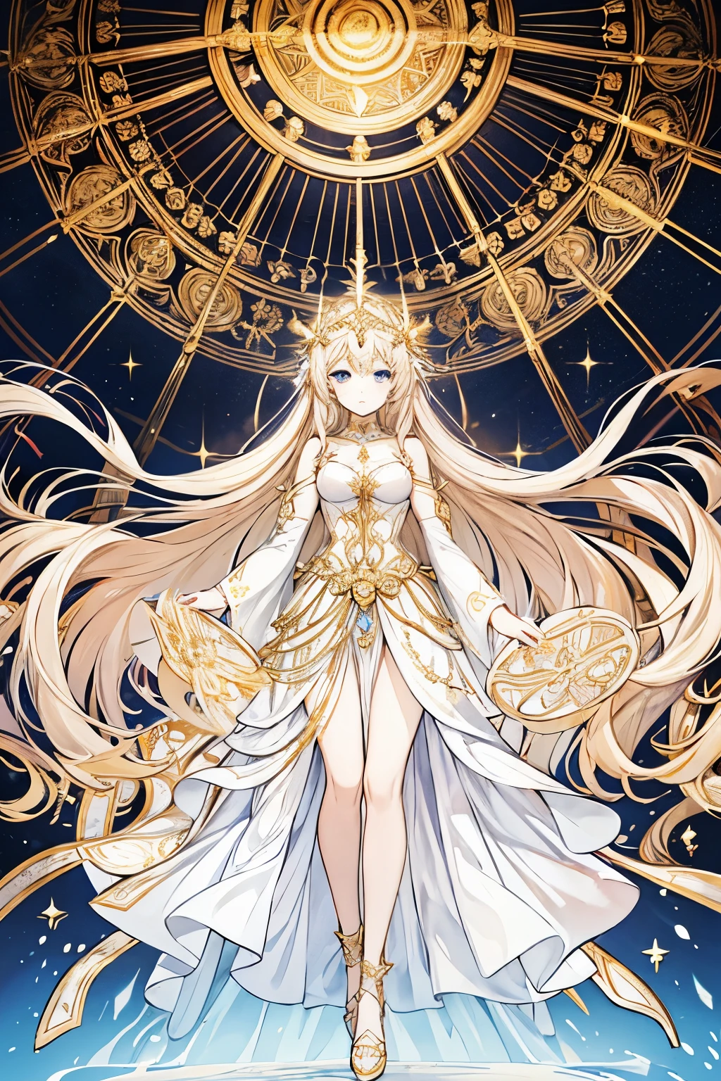 Give and create me a picture of the most beautiful woman, a goddess of sun and light, who have golden colored long hair and sky blue eyes with semi translucent white long dress that is not showy of skin. Her eyebrows are long and she have the innocence in her face but is very beautiful. She have a shoes that has the same golden embellishments same with her white dress. An atmosphere that gives off a divine being aura. At the picture she was in mid air casting a spell with magic circles in her hand facing the front.
