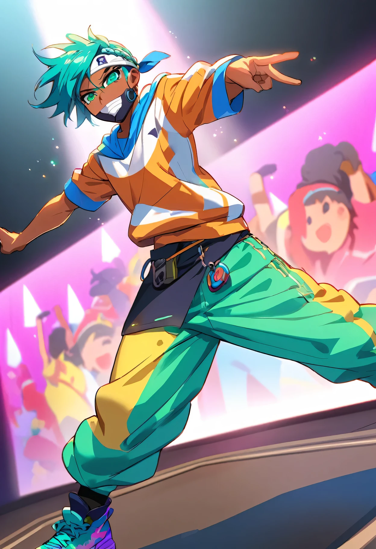 Style anime，Science Fiction，emulsion，tobey pants，Face mask，Dancing on stage，Leg Tattoo，Tattoo，aqua hair，Braided Headband，（1African boy，Dark skin：0.6），Detailed face，cool，personality，brave，slim body，Vibrant stage lighting，expressive dance moves，Colorful sneakers，Dynamic lens angle，Body Burst and Lock，Intense break dance，Smooth dance routines，