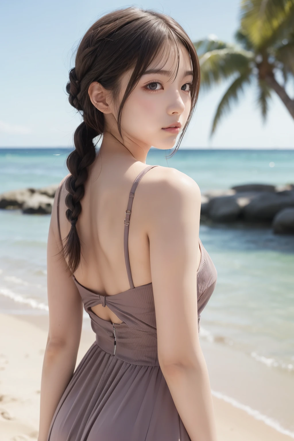 1girl,highres,  high quality,  masterpiece,  bare shoulder, purple eyes, white dress, braid, beach