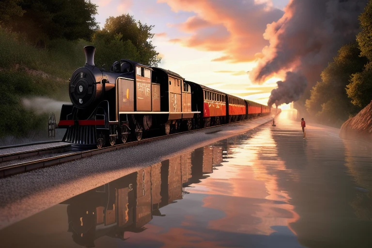 Ultra high quality, 4k, Volumetric Lighting, epic work, Photorealism, Intricate and detailed steam locomotive, Sea trains,Waves hitting the rails,The colors of the sunset are reflected on the sea, The camera looks at the whole train through the water
