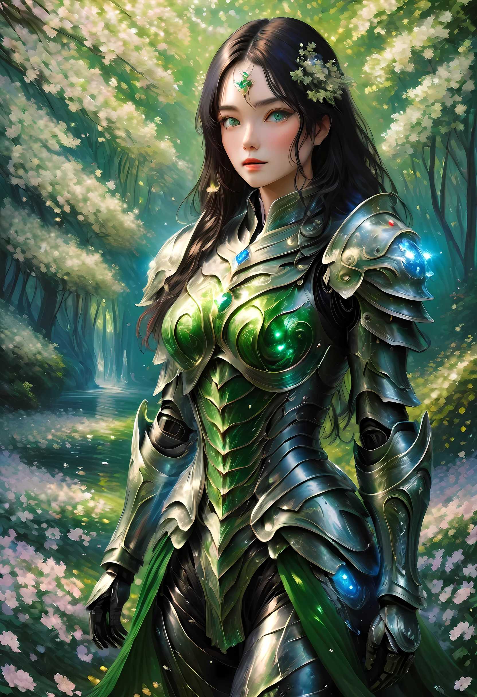 (Claude Monet Style:1.5) Claude_Monet style painting, a picture of woman paladin of nature protecting the forest, a woman knight, black hair, long hair, full body (best details, Masterpiece, best quality :1.5), ultra detailed face (best details, Masterpiece, best quality :1.5), ultra feminine (best details, Masterpiece, best quality :1.5), black hair, long hair, braided hair, pale skin, (deep blue: 1.2) eyes, intense eyes, wearying heavy armor, white armor (best details, Masterpiece, best quality :1.5), green cloak, armed with a sword, glowing sword GlowingRunes_green, fantasy forest background, D&D art, RPG art, magical atmosphere magic-fantasy-forest, ultra best realistic, best details, best quality, 16k, [ultra detailed], masterpiece, best quality, (extremely detailed), ultra wide shot, photorealism, depth of field, hyper realistic painting, cybrk, RagingNebula
