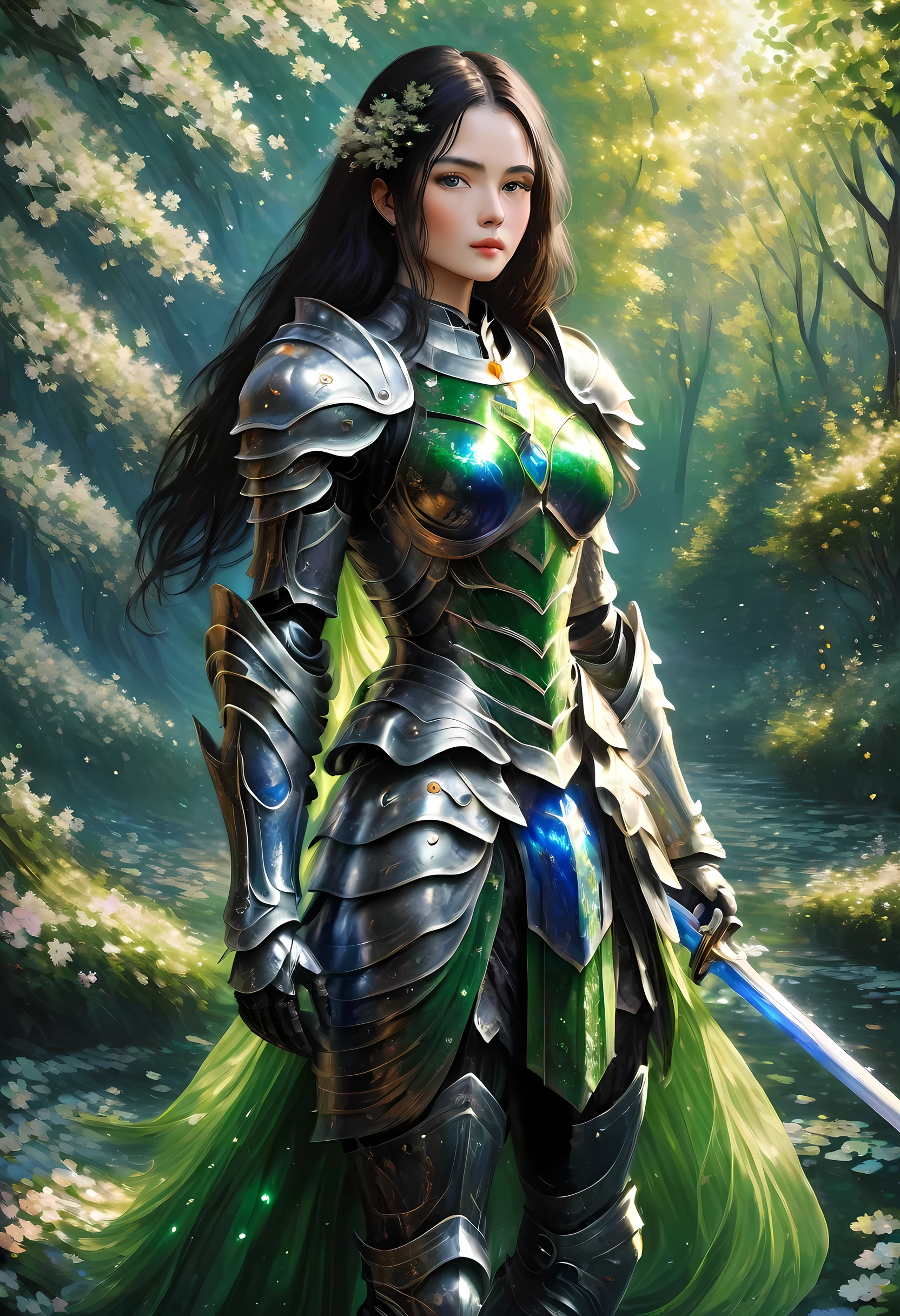 (Claude Monet Style:1.5) Claude_Monet style painting, a picture of woman paladin of nature protecting the forest, a woman knight, black hair, long hair, full body (best details, Masterpiece, best quality :1.5), ultra detailed face (best details, Masterpiece, best quality :1.5), ultra feminine (best details, Masterpiece, best quality :1.5), black hair, long hair, braided hair, pale skin, (deep blue: 1.2) eyes, intense eyes, wearying heavy armor, white armor (best details, Masterpiece, best quality :1.5), green cloak, armed with a sword, glowing sword GlowingRunes_green, fantasy forest background, D&D art, RPG art, magical atmosphere magic-fantasy-forest, ultra best realistic, best details, best quality, 16k, [ultra detailed], masterpiece, best quality, (extremely detailed), ultra wide shot, photorealism, depth of field, hyper realistic painting, cybrk, RagingNebula
