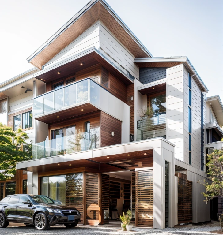 house exterior contemporary style, modernism, glass doors and windows, metal rail, conwood ceilling, masterpiece, highquality, realistic photo, canon eos 5D mark, natural light,