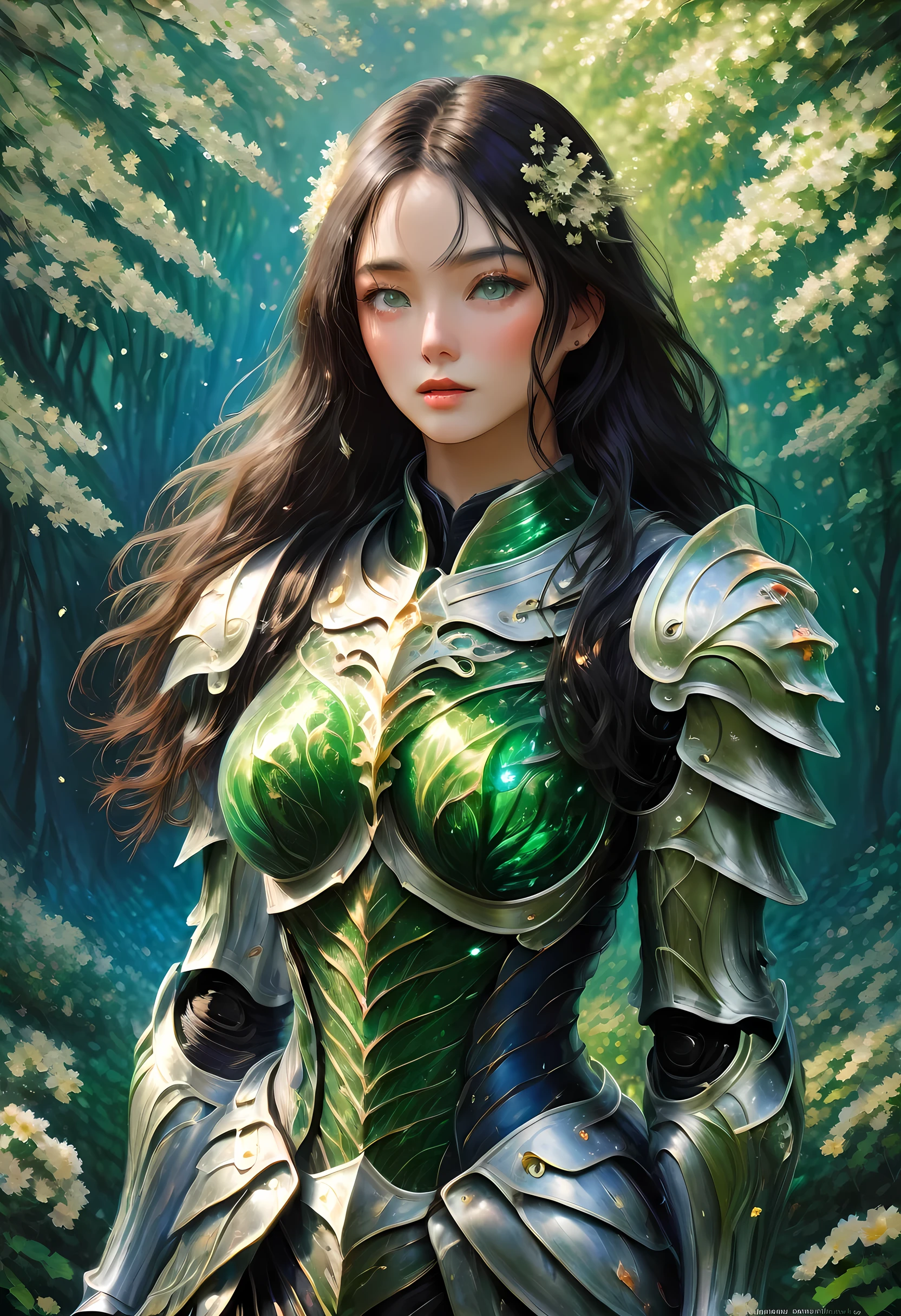 (Claude Monet Style:1.5) Claude_Monet style painting, a picture of woman paladin of nature protecting the forest, a woman knight, black hair, long hair, full body (best details, Masterpiece, best quality :1.5), ultra detailed face (best details, Masterpiece, best quality :1.5), ultra feminine (best details, Masterpiece, best quality :1.5), black hair, long hair, braided hair, pale skin, (deep blue: 1.2) eyes, intense eyes, wearying heavy armor, white armor (best details, Masterpiece, best quality :1.5), green cloak, armed with a sword, glowing sword GlowingRunes_green, fantasy forest background, D&D art, RPG art, magical atmosphere magic-fantasy-forest, ultra best realistic, best details, best quality, 16k, [ultra detailed], masterpiece, best quality, (extremely detailed), ultra wide shot, photorealism, depth of field, hyper realistic painting, cybrk, RagingNebula
