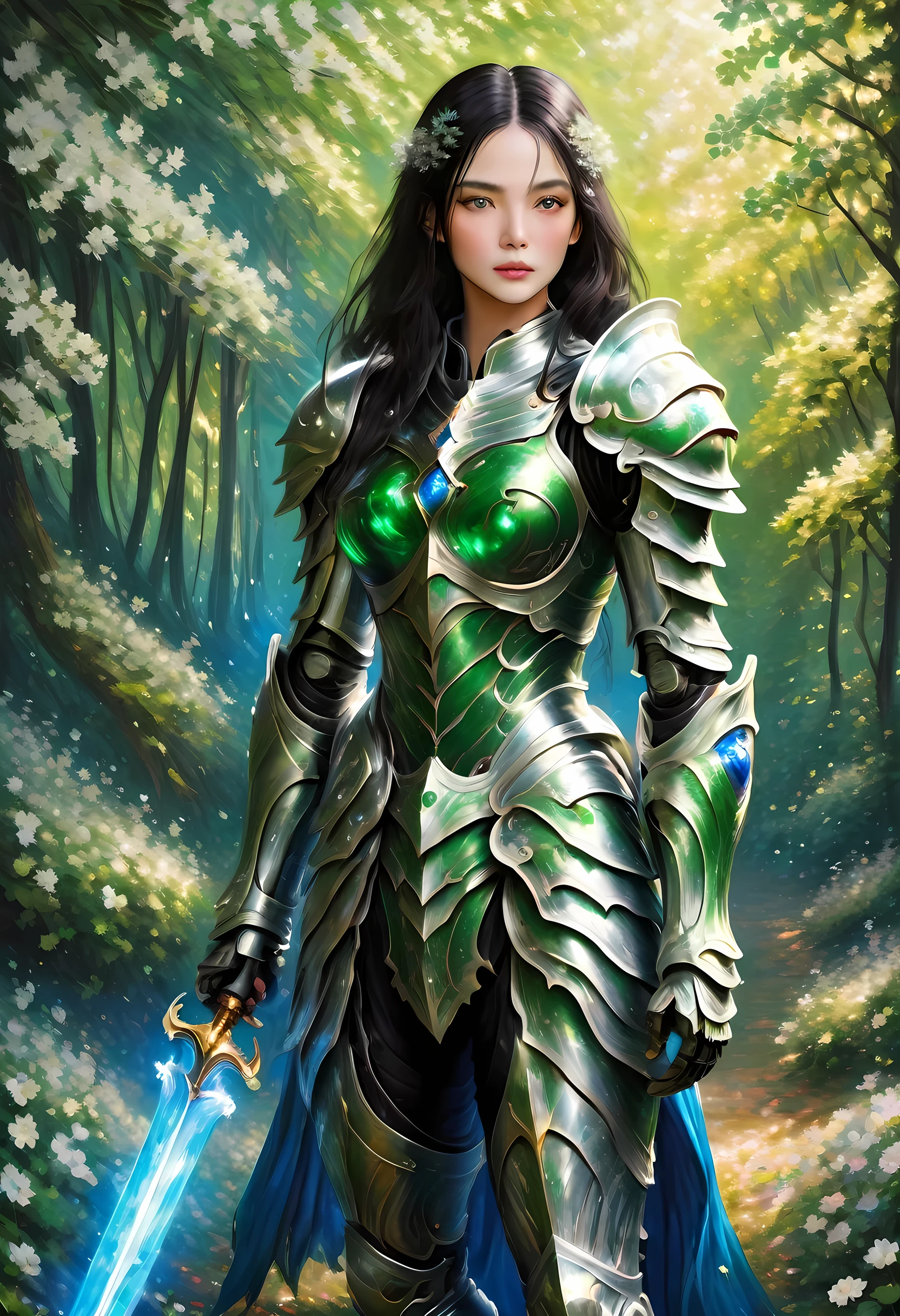 (Claude Monet Style:1.5) Claude_Monet style painting, a picture of woman paladin of nature protecting the forest, a woman knight, black hair, long hair, full body (best details, Masterpiece, best quality :1.5), ultra detailed face (best details, Masterpiece, best quality :1.5), ultra feminine (best details, Masterpiece, best quality :1.5), black hair, long hair, braided hair, pale skin, (deep blue: 1.2) eyes, intense eyes, wearying heavy armor, white armor (best details, Masterpiece, best quality :1.5), green cloak, armed with a sword, glowing sword GlowingRunes_green, fantasy forest background, D&D art, RPG art, magical atmosphere magic-fantasy-forest, ultra best realistic, best details, best quality, 16k, [ultra detailed], masterpiece, best quality, (extremely detailed), ultra wide shot, photorealism, depth of field, hyper realistic painting, cybrk, RagingNebula
