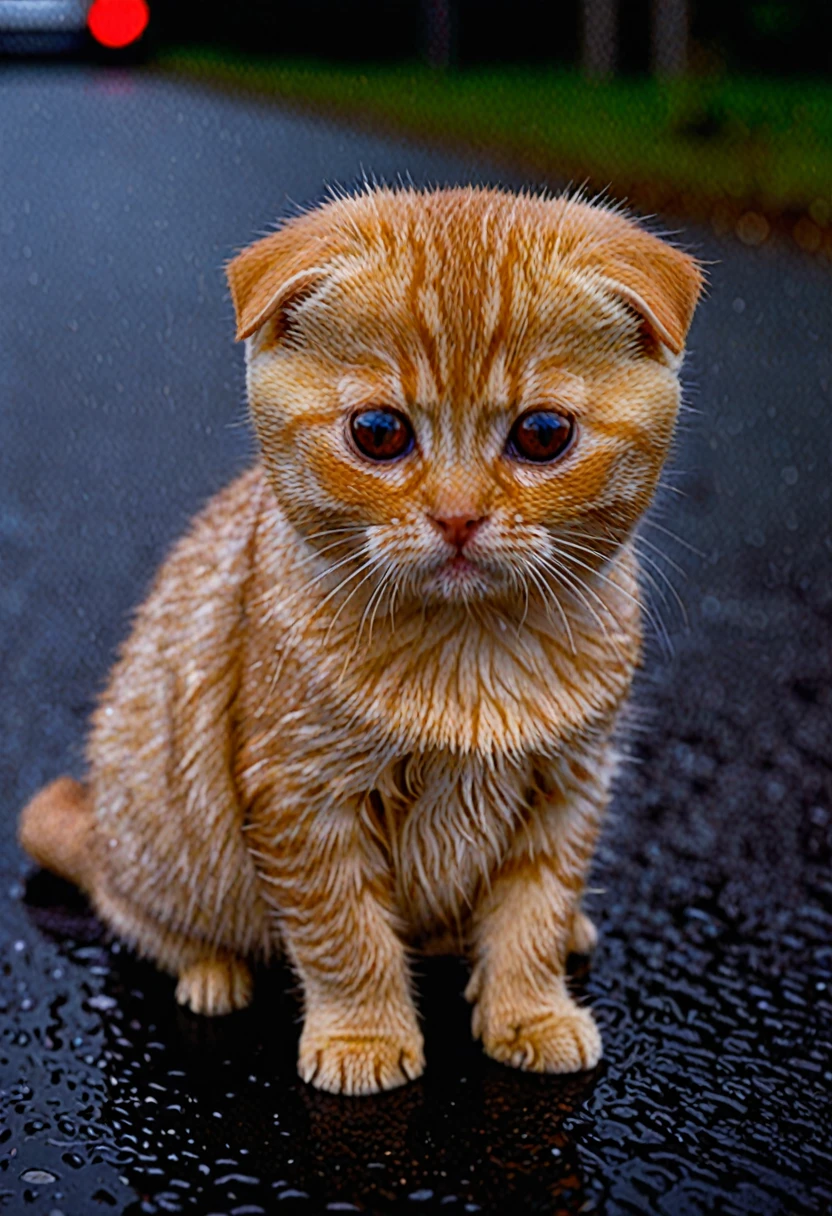 ASCII Close-up (Red ginger Scottish fold cute little kitten:1.24), (Wet Hair, sad:1.36), sitting on the road, after the rain, At night, Super detailed, Cinematic, (Dark Theme:0.75), by (Apollonia St. Clare and Fernando Botero:1.36)