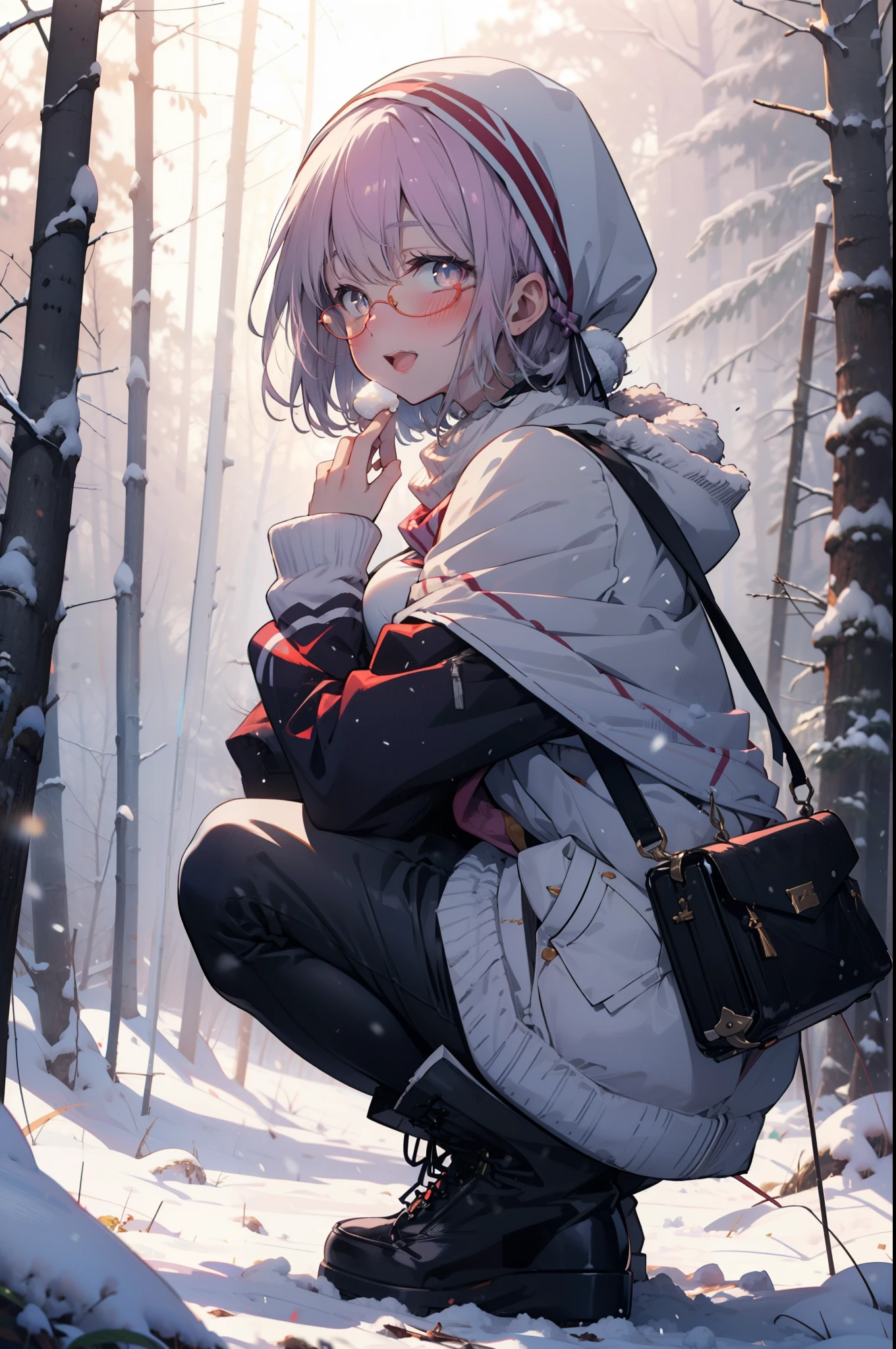 akaneshinjou, shinjou akane, Light purple hair, (Pink Eyes:1.2), short hair,Akagi Glasses,hair band,smile,blush,White Breath,Big Breasts,
Open your mouth,snow,Ground bonfire, Outdoor, boots, snowing, From the side, wood, suitcase, Cape, Blurred, having meal, forest, White handbag, nature,  Squat, Mouth closed, Cape, winter, Written boundary depth, Black shoes, red Cape break looking at viewer, Upper Body, whole body, break Outdoor, forest, nature, break (masterpiece:1.2), highest quality, High resolution, unity 8k wallpaper, (shape:0.8), (Beautiful and beautiful eyes:1.6), Highly detailed face, Perfect lighting, Extremely detailed CG, (Perfect hands, Perfect Anatomy),