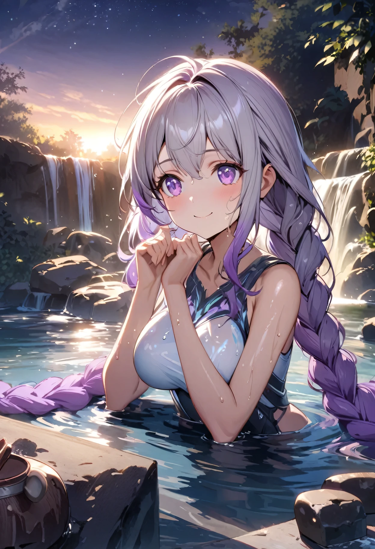 Night view, yinji , 1 Girl, purple hair,purple eyes,very long hair,grey hair,double braid,large breasts,gradient hair, Bathe near the waterfall, The body is soaked in water, Skinny cheeks, Wet hair, cheer up, Tempting face, No, Stone, Purified water, Water on the body, Look up at the sky and smile, Beautiful Face, 40s, Soft volumetric light, (Backlight: 1.3), (Movie: 1.3), Intricate details, (art station: 1.3).