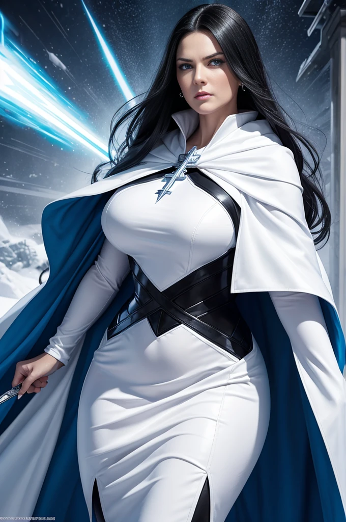 super villain,mature woman with black hair and blue eyes, detailed face , straight hair, sexy, curvy, tall, white woman, dress with cape, desing with christian cross , ice power, background in snow