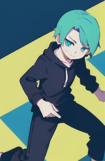 1boy, short blue hair, green eyes, black hoodie, stud earrings, short black pants,