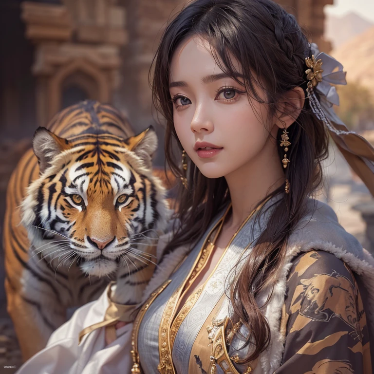 Hiding in the desert、Hair flow、 ((highest quality、masterpiece、8k、Best image quality、Ultra-high resolution、Award-winning works)、(Accurate anatomy:1.1)、(Look at me and smile:1.1)、Shining fair skin with Ultra-high resolution、The most detailed face、Ultra-high resolution detailed face、Ultra-high resolutionの髪の毛、(Ultra-high resolutionの煌めく瞳:1.1)、Beautiful face drawn in every detail、(Blurred Background:1.1)、Ancient Islamic clothing, Full body tiger tattoo, Old ruins in the background、Next to the tiger