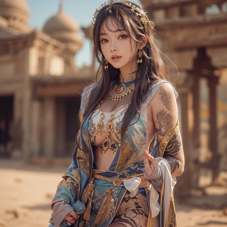 Hiding in the desert、Hair Flow、 ((Highest quality、masterpiece、8k、Best image quality、Ultra-high resolution、Award-winning works)、(Accurate anatomy:1.1)、(Look at me and smile:1.1)、Shining fair skin with Ultra-high resolution、The most detailed face、Ultra-high resolution detailed face、Ultra-high resolutionの髪の毛、(Ultra-high resolutionの煌めく瞳:1.1)、Beautiful face drawn in every detail、(Blurred Background:1.1)、Ancient Islamic clothing, Chest to chest, tattoo, Old ruins in the background、Apart from Black Panther