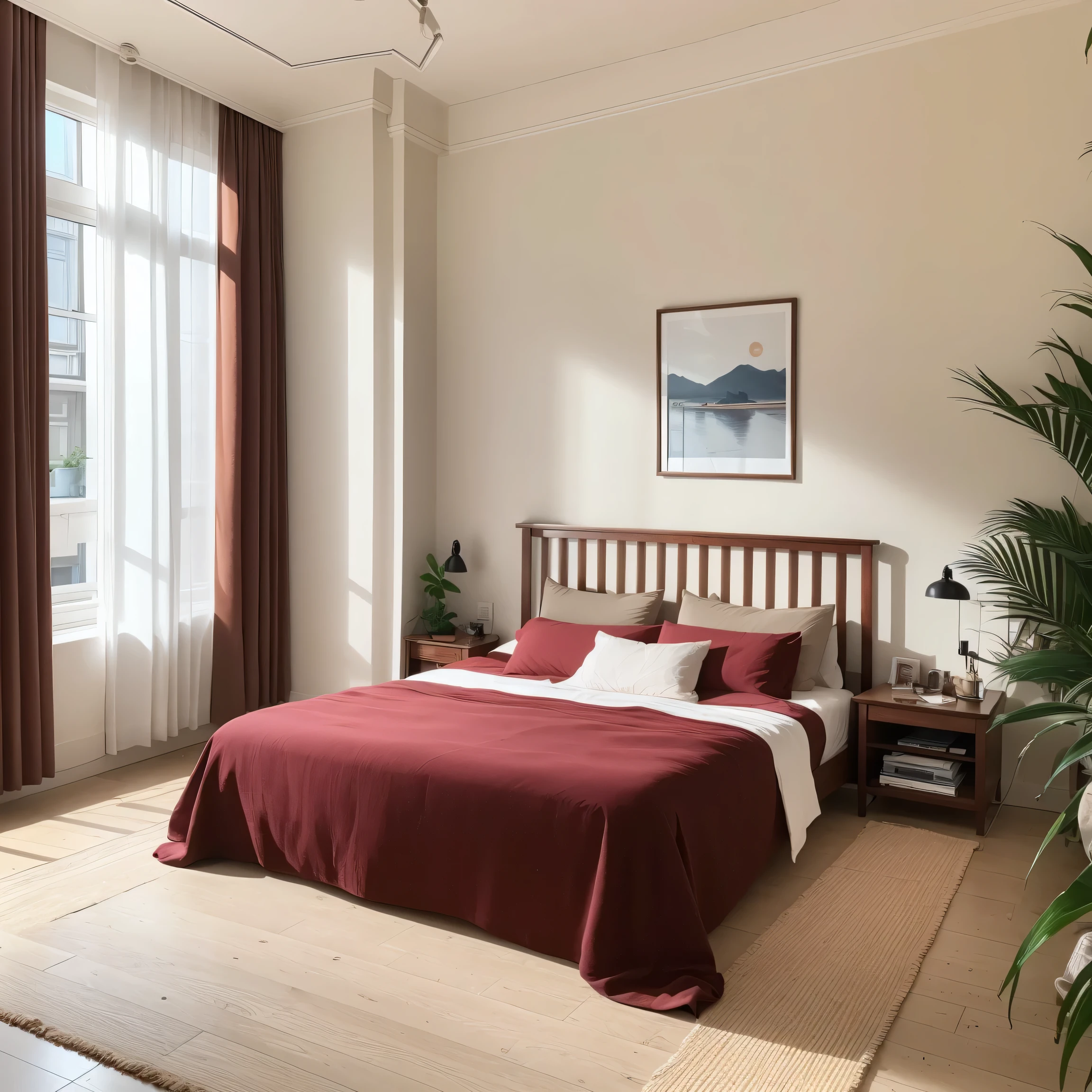 Large bedroom、Large bedroom、Double bed、Image of the whole room、500㎡、Wide-angle shot、A broad perspective、wide、table、Natural interior、Foliage plant、Burgundy curtains、rug、City、Tower apartment、interior、Stylish、Stand lamp、Asahi、sun、Realistic、masterpiece、beautiful、8k、highest quality、Attention to detail、8k、Sharpness