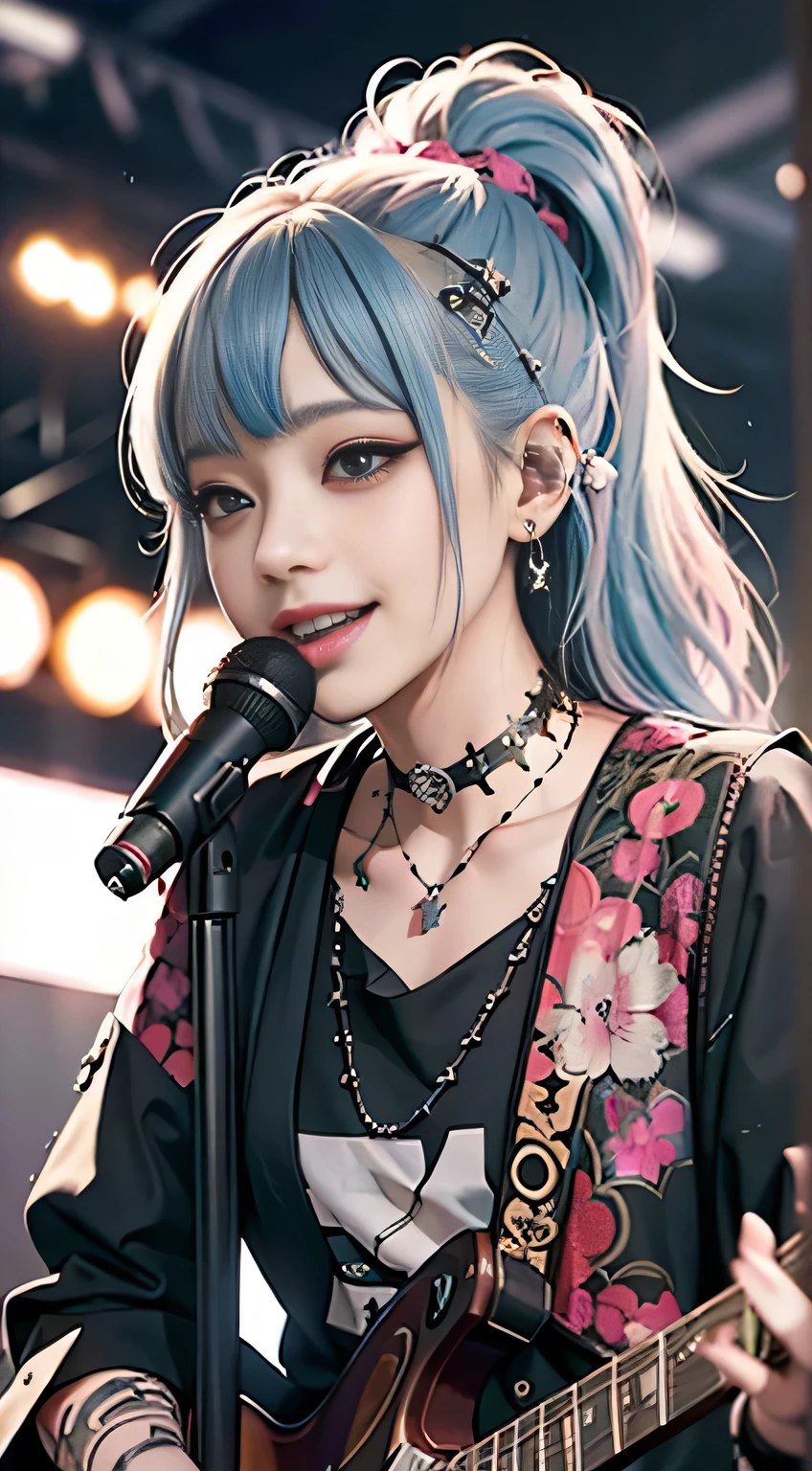 (masutepiece:1.3, Best Quality, Photorealistic, Ultra-detailed, Finely detailed, High resolution, 8K Wallpaper), 1 beautiful girl, Band Group Vocals, In a goth clothes with spikes, Singing a song on an electric guitar, Stand Microphone, Mouth open, Beautiful face, Detailed face, Beautiful eyes, Detailed eyes, Looks fun、Smiling, earrings, Necklace, Detailed guitar, (Straight guitar neck and strings), TWO ponytail long curly half pink and blue hair, on a stage, Spotlight, Look at the viewer、tattoos and piercings