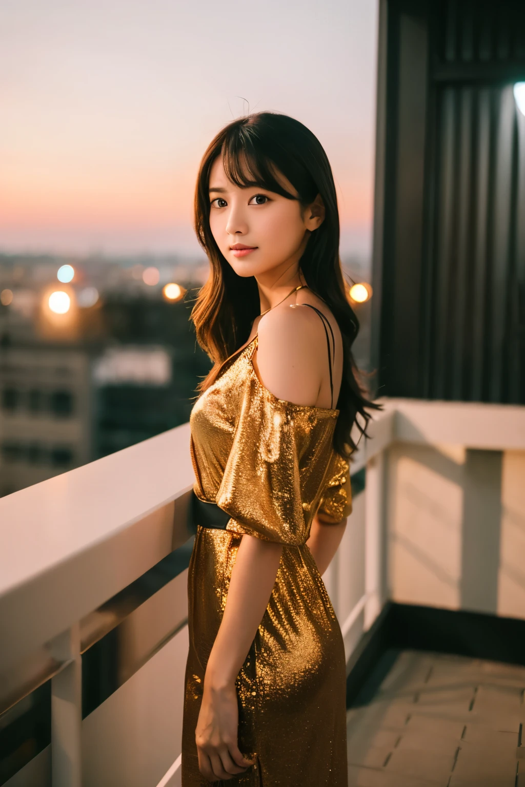 China dress、Japanese、Age 25、Rooftop、moon、Night view、High-end SLR、Depth of written boundary、Brown eyes
