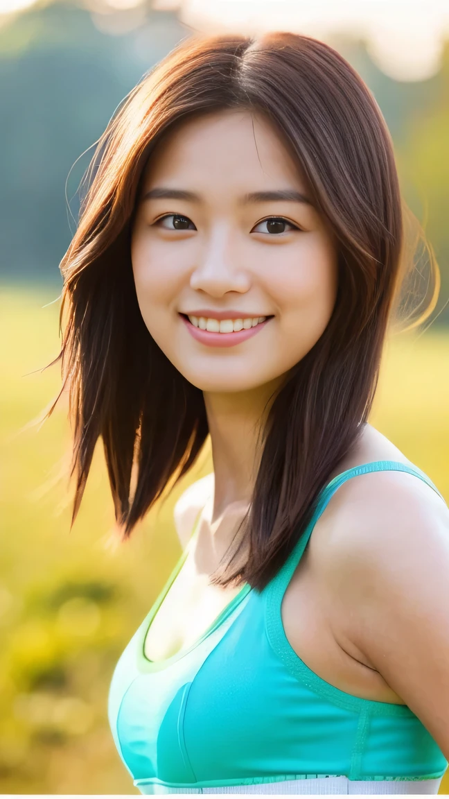 The body and face turn to the viewer, 、drill hair、Brown hair、A slight smil、cute little、((top-quality、8K、masterpiece:1.3))、sharp focus:1.2、An ultra-high picture quality、top-quality、masterpiece、natural soft light、The upper part of the body、the setting sun, , sport bra, smile, Do not emphasize the top of the bust, Facing the viewer,