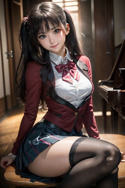 High School Girl Blazer、 uniform、Red checked skirt、JK Style、Jacket、smile、Knee-high socks、Thigh-high socks、pantyhose、Great beauty、So cute、Malaise、Rare beauty、Twin tail hair、Black dark eyeshadow、sad、Good skin radiance、Straightening iron for long hair、Dark Gothic Makeup、暗いsmile、The beauty of fragrance、Stained Glass Background、masterpiece、highest quality、See 5 books、Sweat glistening on my chest、Sweat glistening on the face、Small breast size、濃いPink Hair、Age: 22、Slightly slim、Playing the piano、sit and play an instrument、Piano available、Mysterious look、Sad look、Pink Hair、mysterious gothic church、enchanting castle、Sweating profusely all over the body、Lots of sweat on thighs and light、Shiny thighs、There is a lot of sweat glistening on my thighs、Copious sweat glistens on the thighs、Sweating profusely、Gal、Small breasts、The Face of Japan、Captivating look、The thighs are a little thin、Above-the-knee skirt、