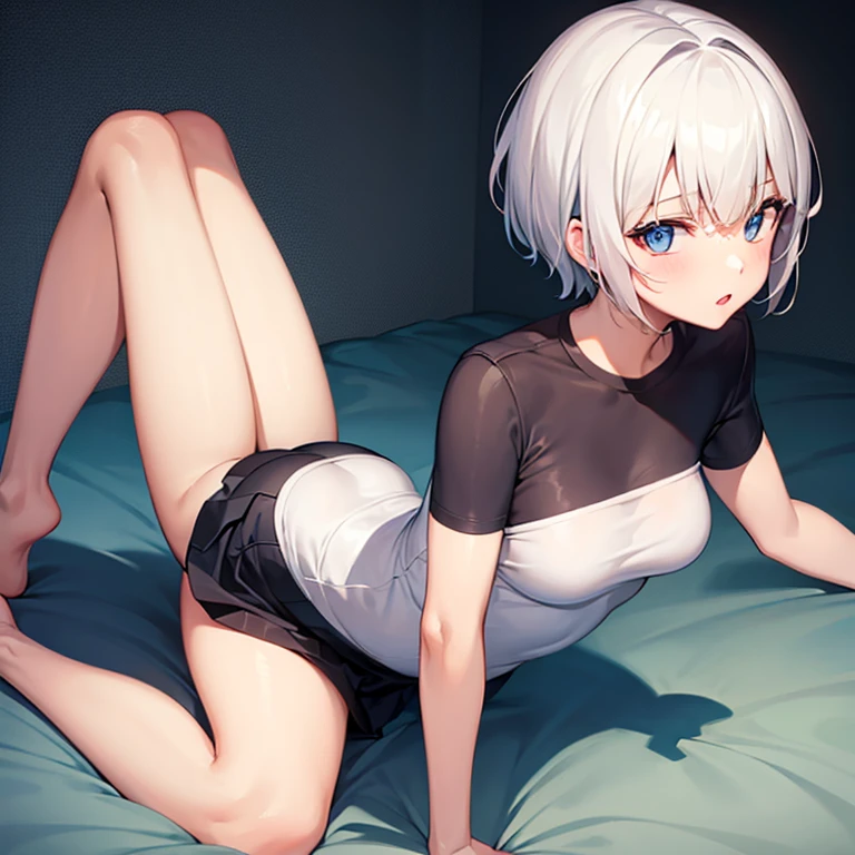 ((best quality)), ((masterpiece)), (detailed), perfect face. White hair. Short hair. Anime girl. Asian girl. Pink eyes. Ulzzang. Bed. Sweat. Squirting. Masturbate. Fingering. Spread legs.