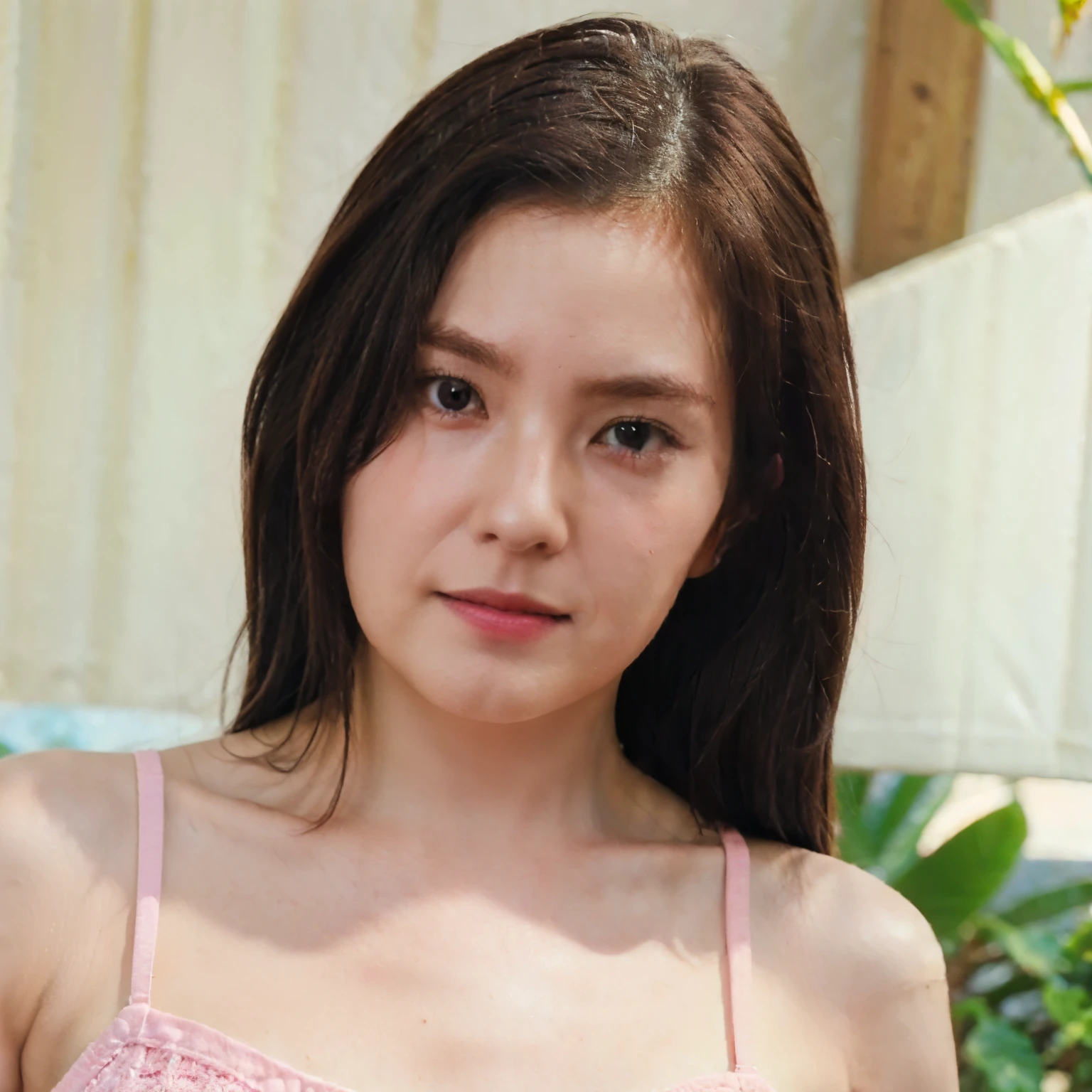 A girl, wearing pink bra under white crochet tank top, (realistic image) beach background , brown hair, beautiful eyes