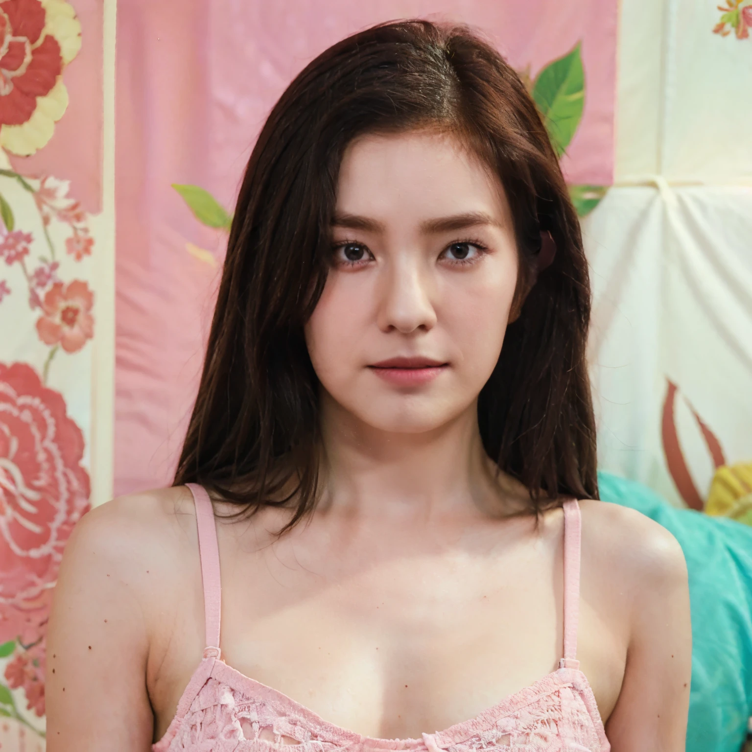 A girl, wearing pink bra under white crochet tank top, (realistic image) beach background , brown hair, beautiful eyes